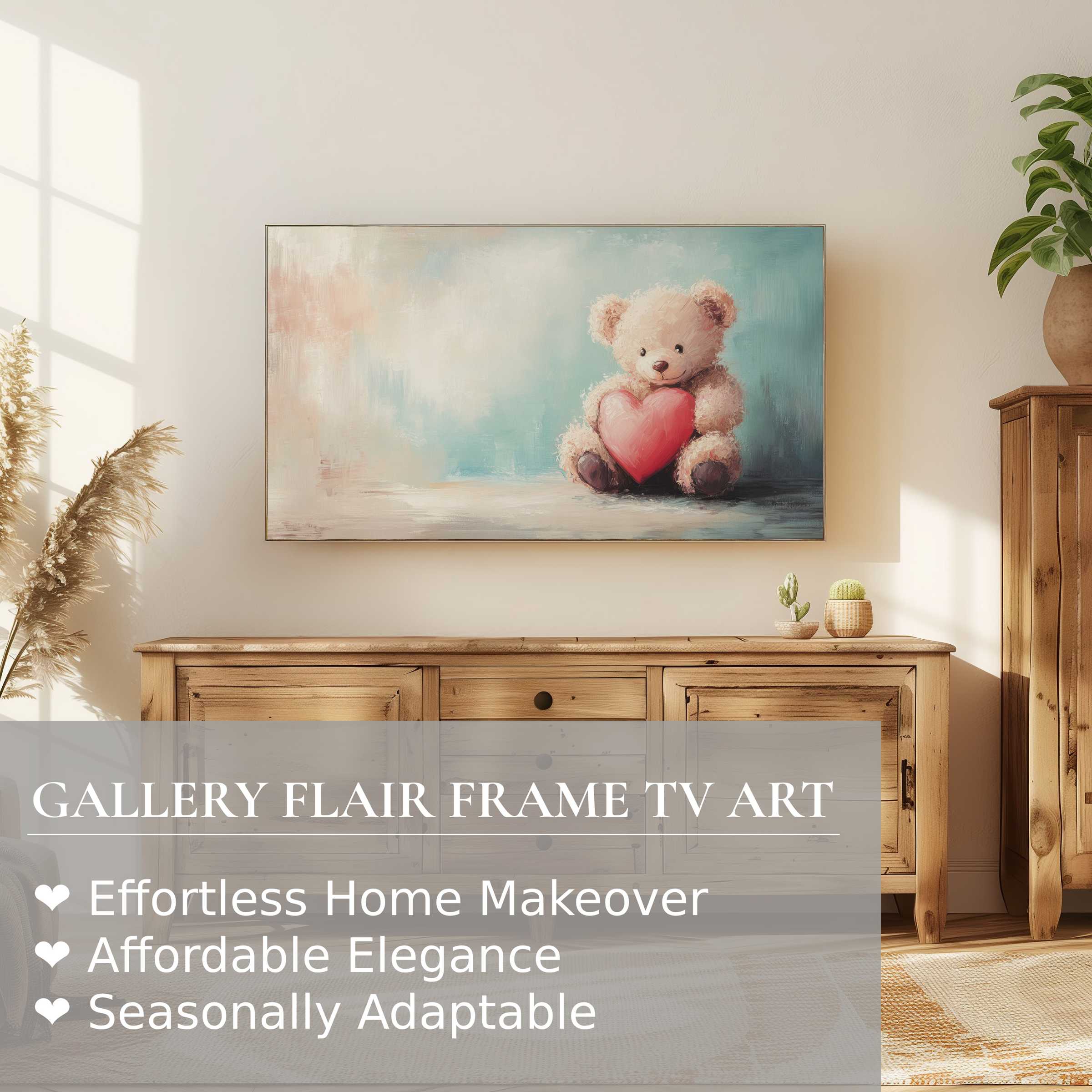 Modern nursery digital artwork of a teddy bear with heart on Samsung Frame TV in warm, stylish living room