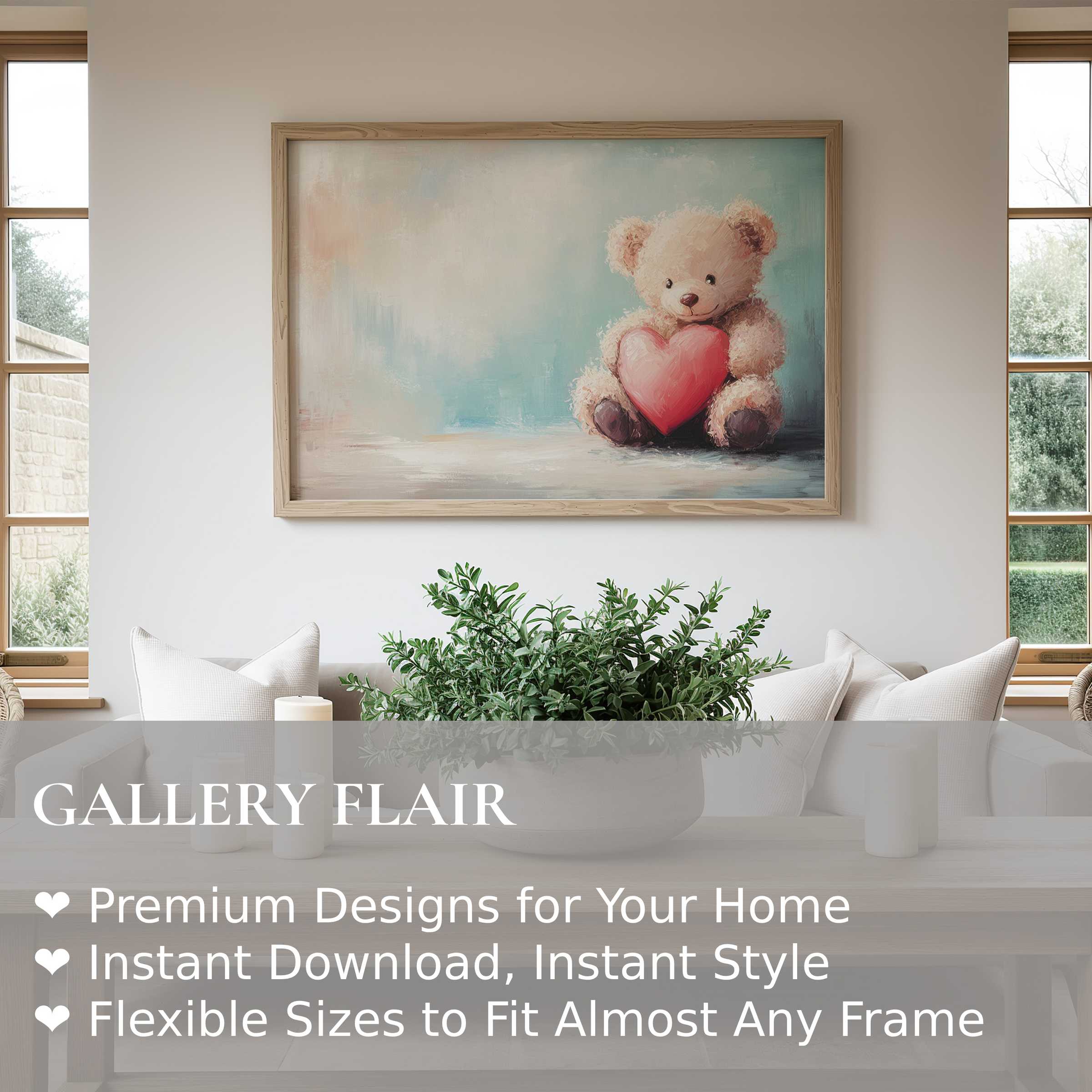 Nursery wall art print of a soft, heartwarming teddy bear in a serene, modern minimalist living space, adding gentle charm