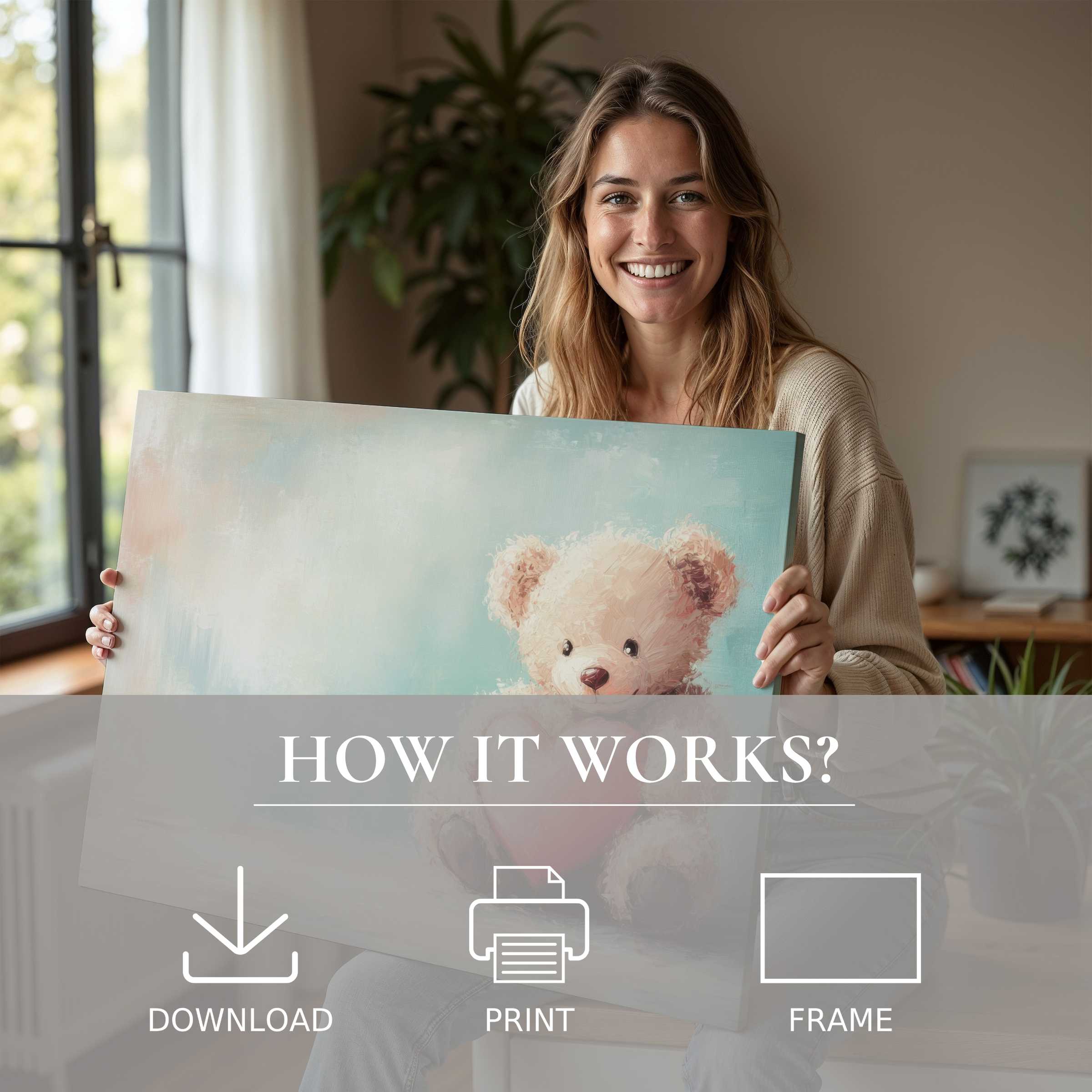 A joyful embrace of nursery digital art print in soft pastels, elevating serene modern homes with effortless beauty