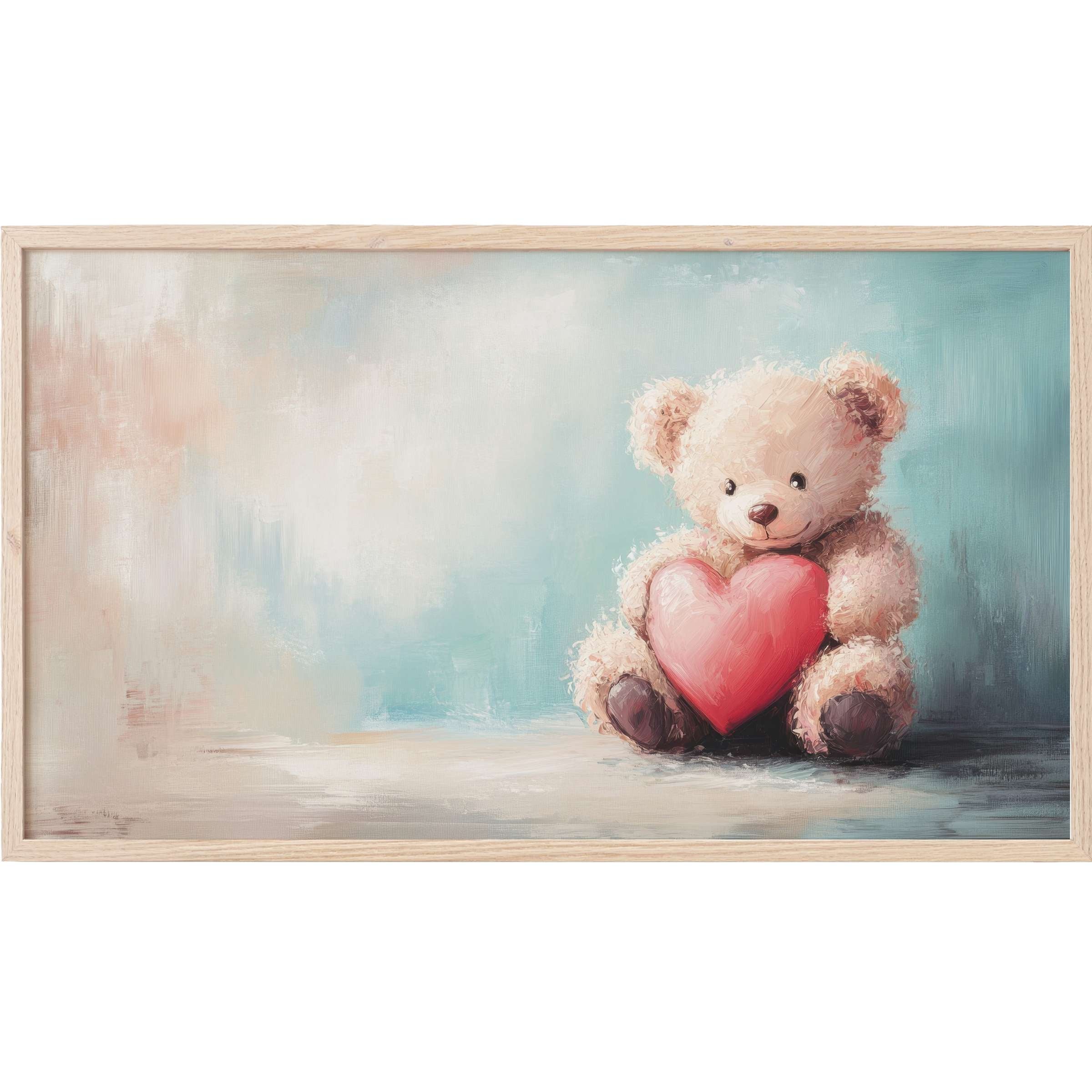 Charming teddy bear holding a red heart with soft pastels and gentle brushstrokes, nursery Frame TV Art