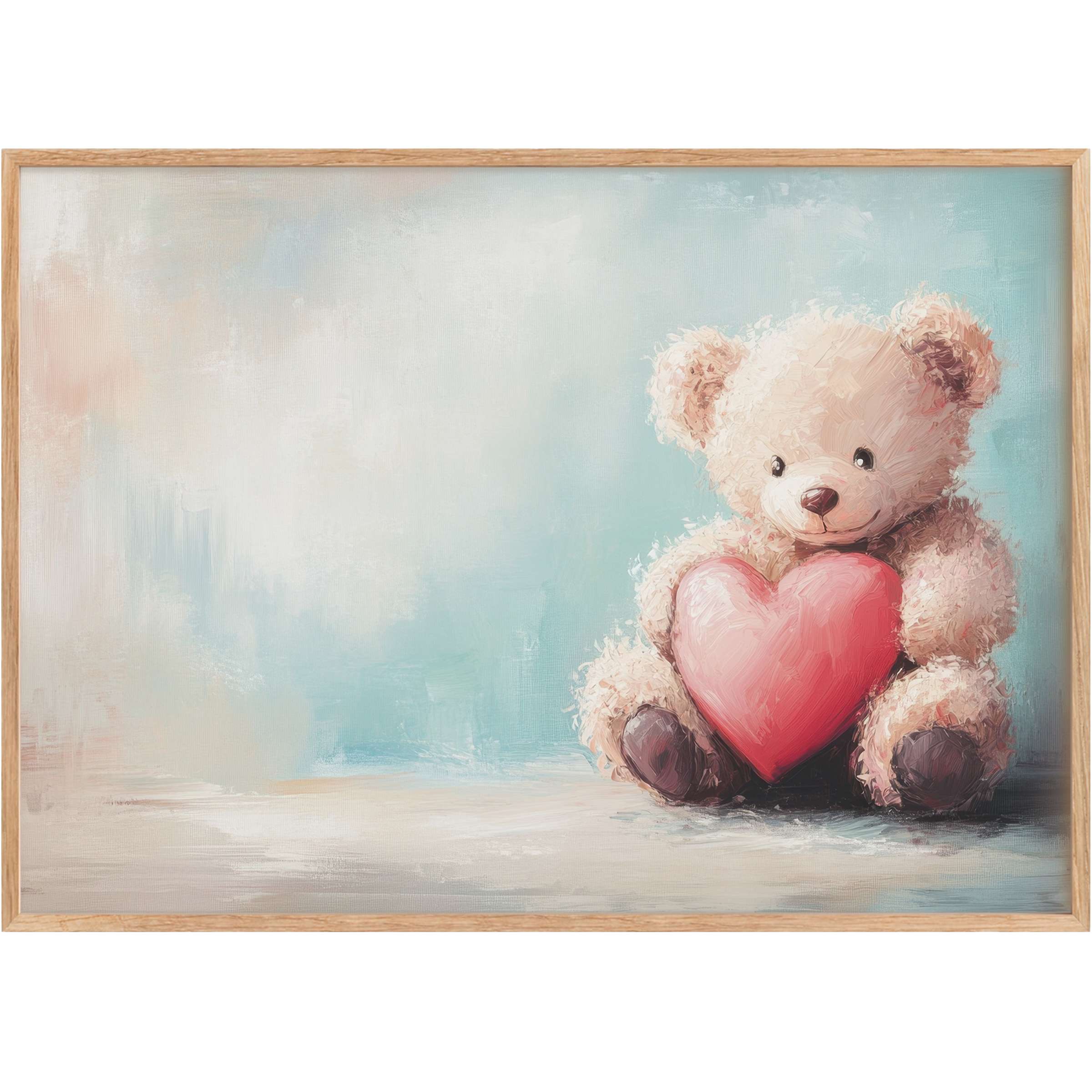Soft pastel hues and a plush teddy bear clutching a red heart create a warm, soothing mood in this nursery printable wall art