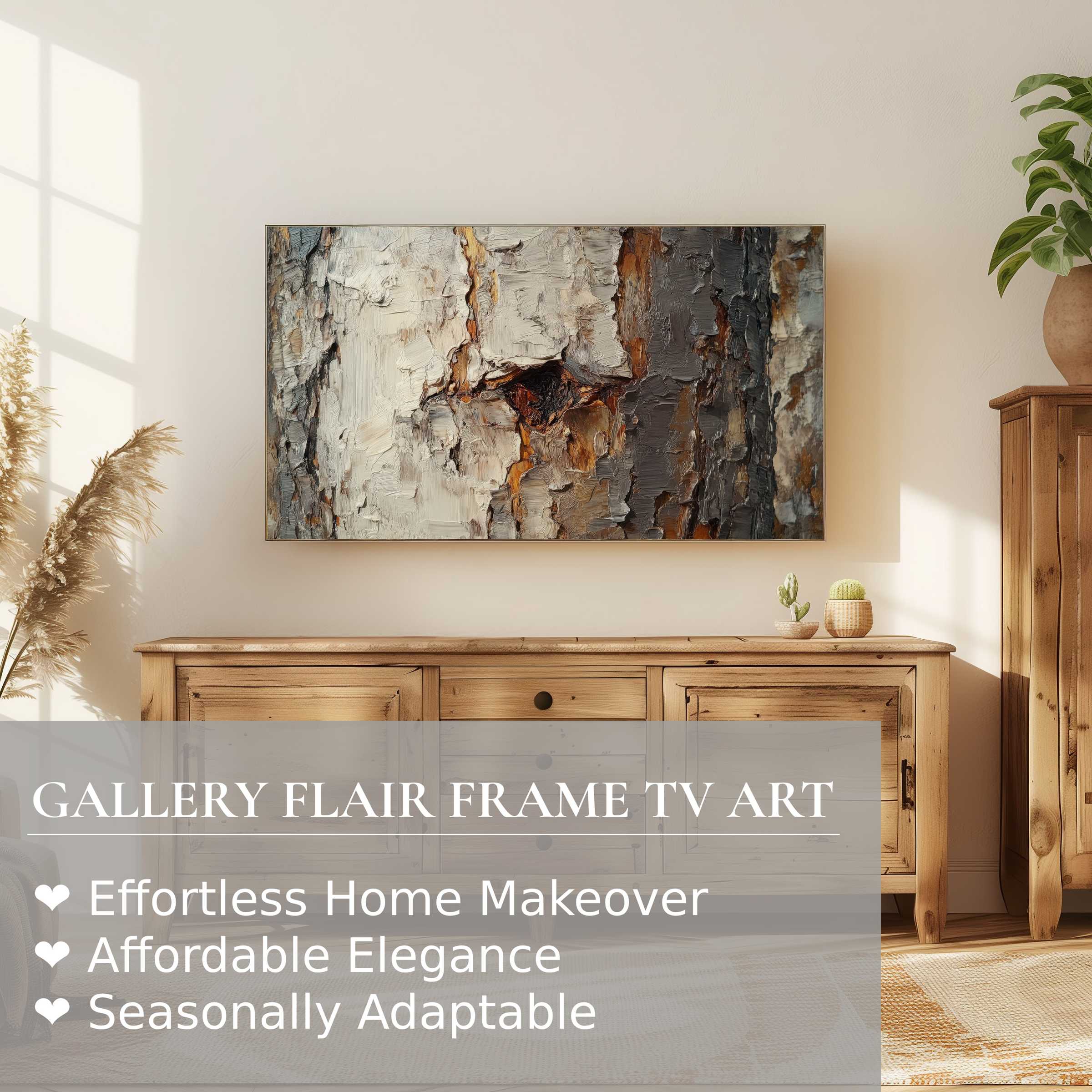 Samsung Frame TV displaying textured botanical digital artwork in a sunlit, elegant, modern living space