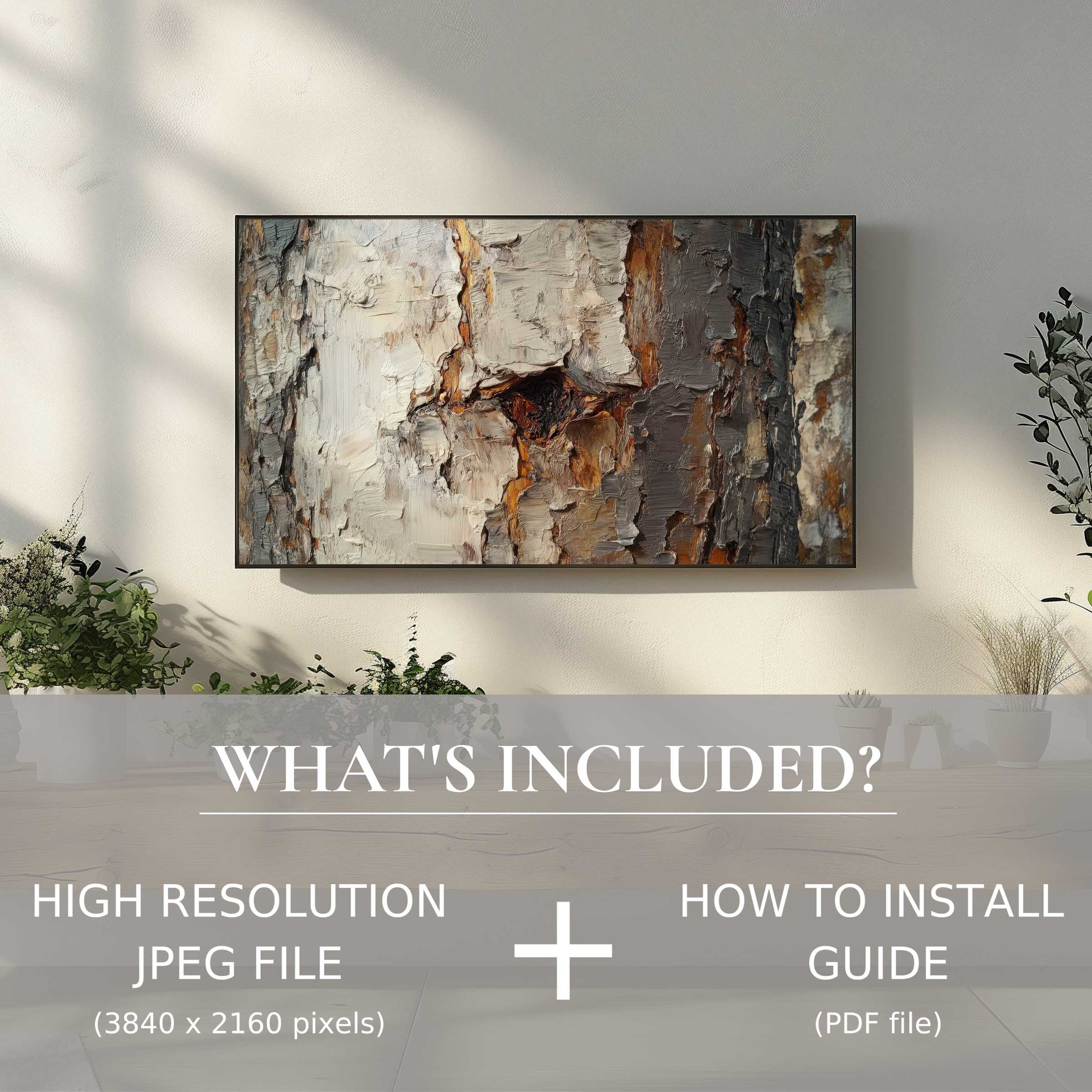 Modern living space enhanced by botanical digital TV art download; easy digital use with high-res and install guide