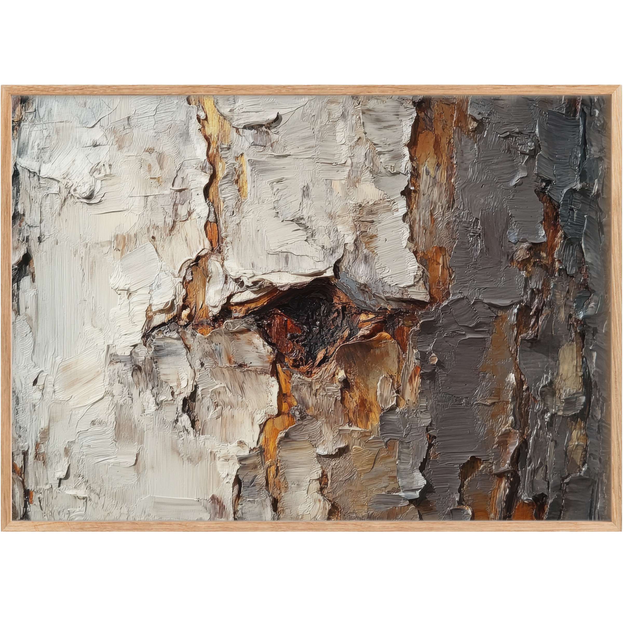 Botanical printable wall art with textured bark layers in warm browns and cool grays, creating a grounding, earthy ambiance