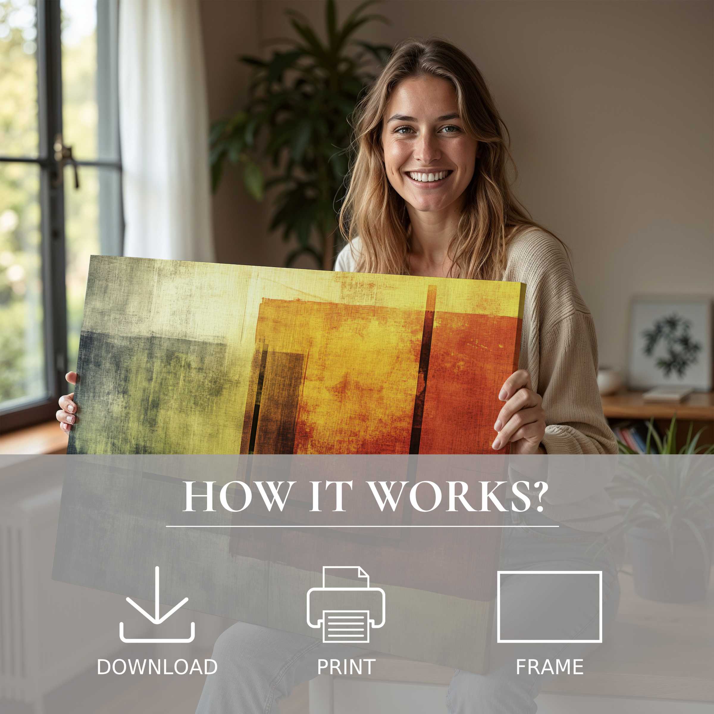 Bright abstract digital art print embraced warmly in a sunlit modern home, inspiring joy and effortless style