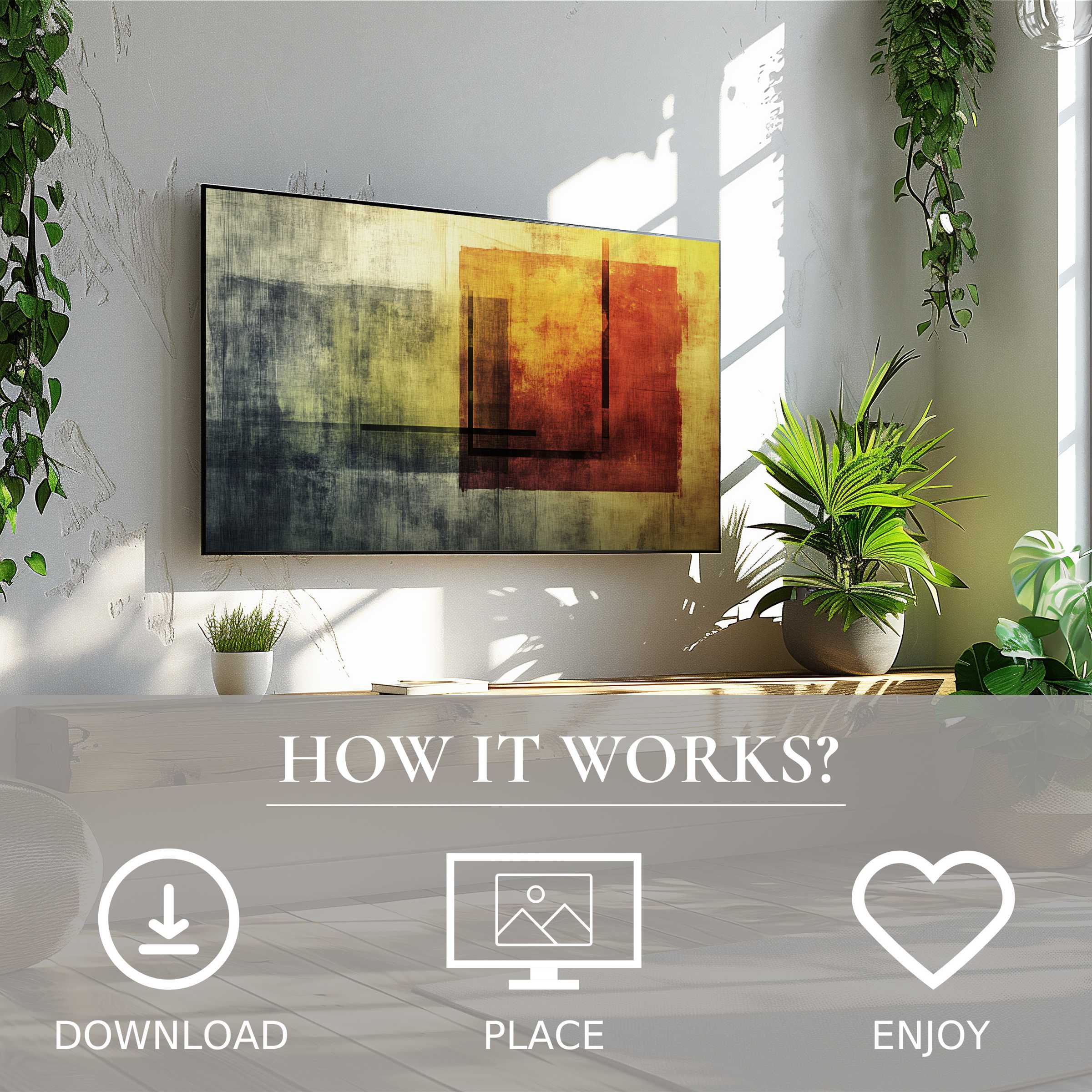 Modern living room with abstract art for Samsung TV in warm sunset tones, easy digital download enriches your space