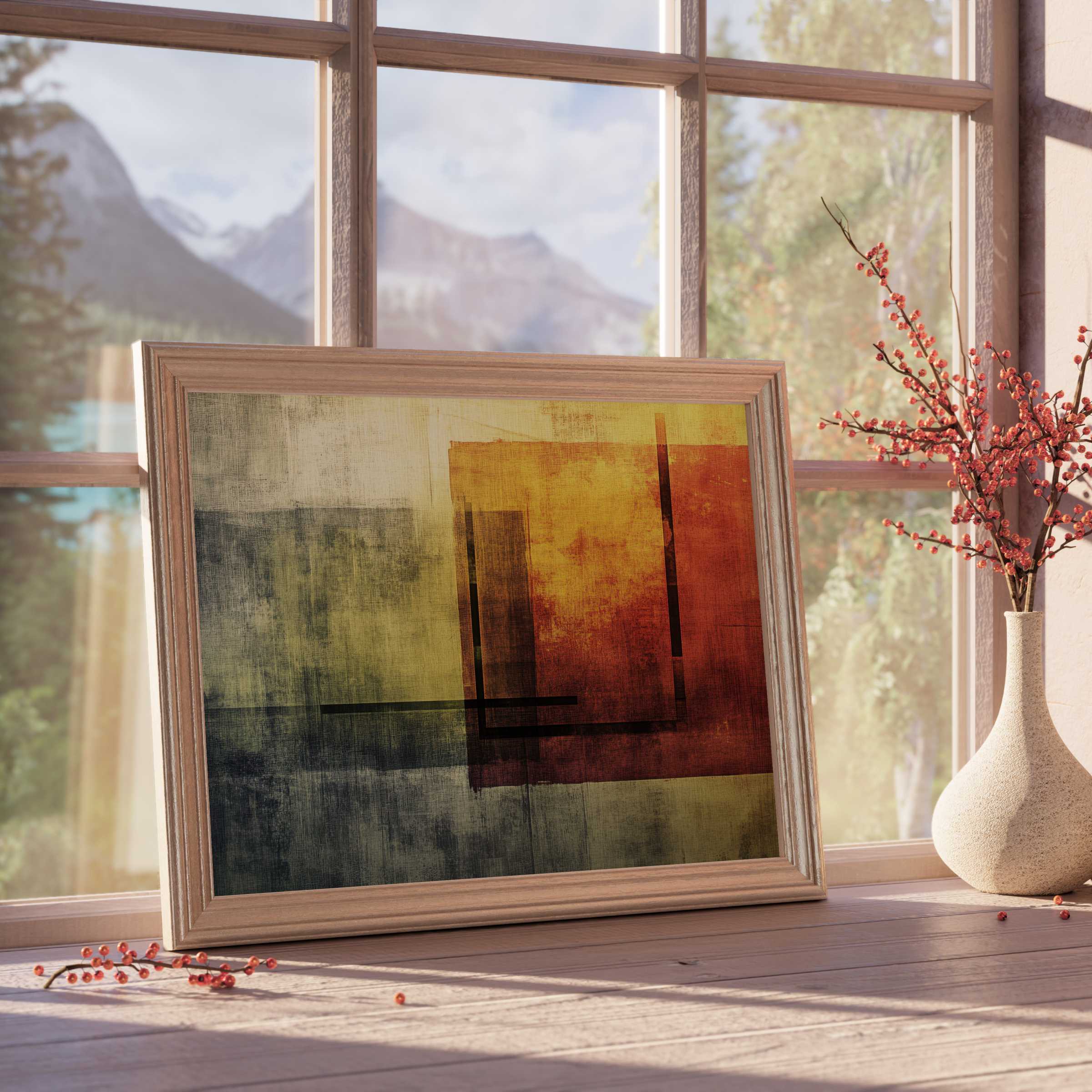 Warm-toned abstract downloadable art layered in rich rust and muted greens, perfect for elevating serene, curated interiors