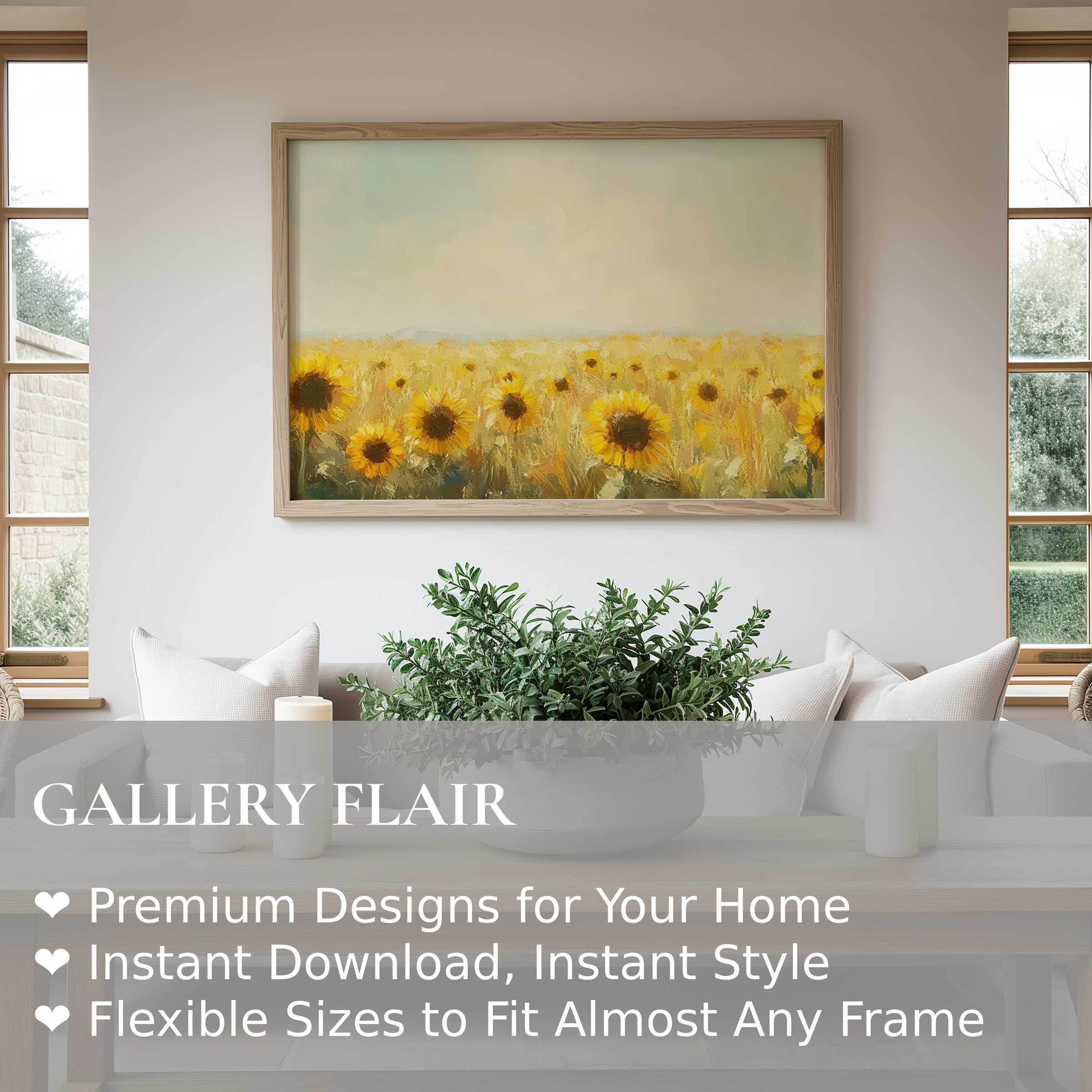 Sunflower landscape wall art print radiates warm, calming energy with soft yellows in a modern, minimalist living room setting