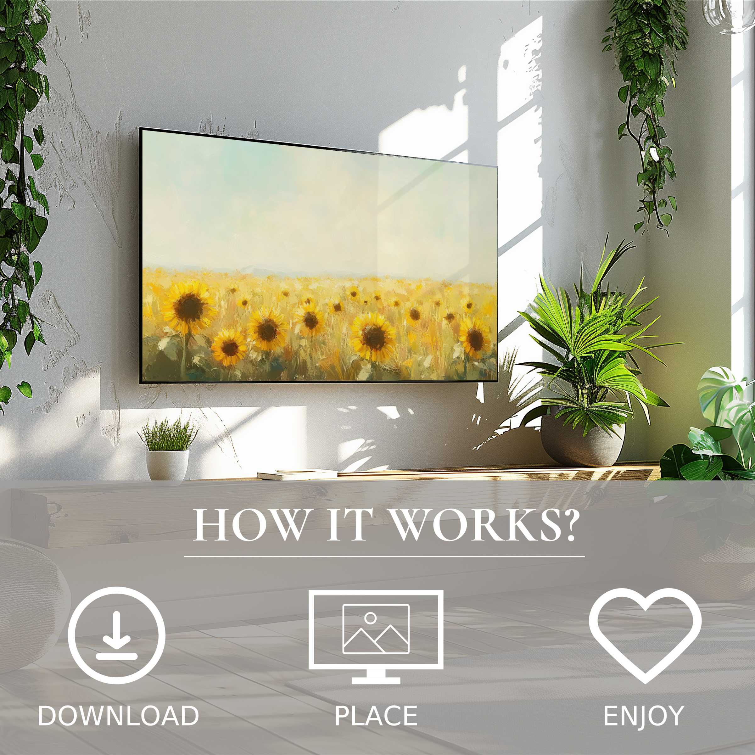 Bright living room with plants, landscape art for Samsung TV shows soft sunflower field, easy digital download