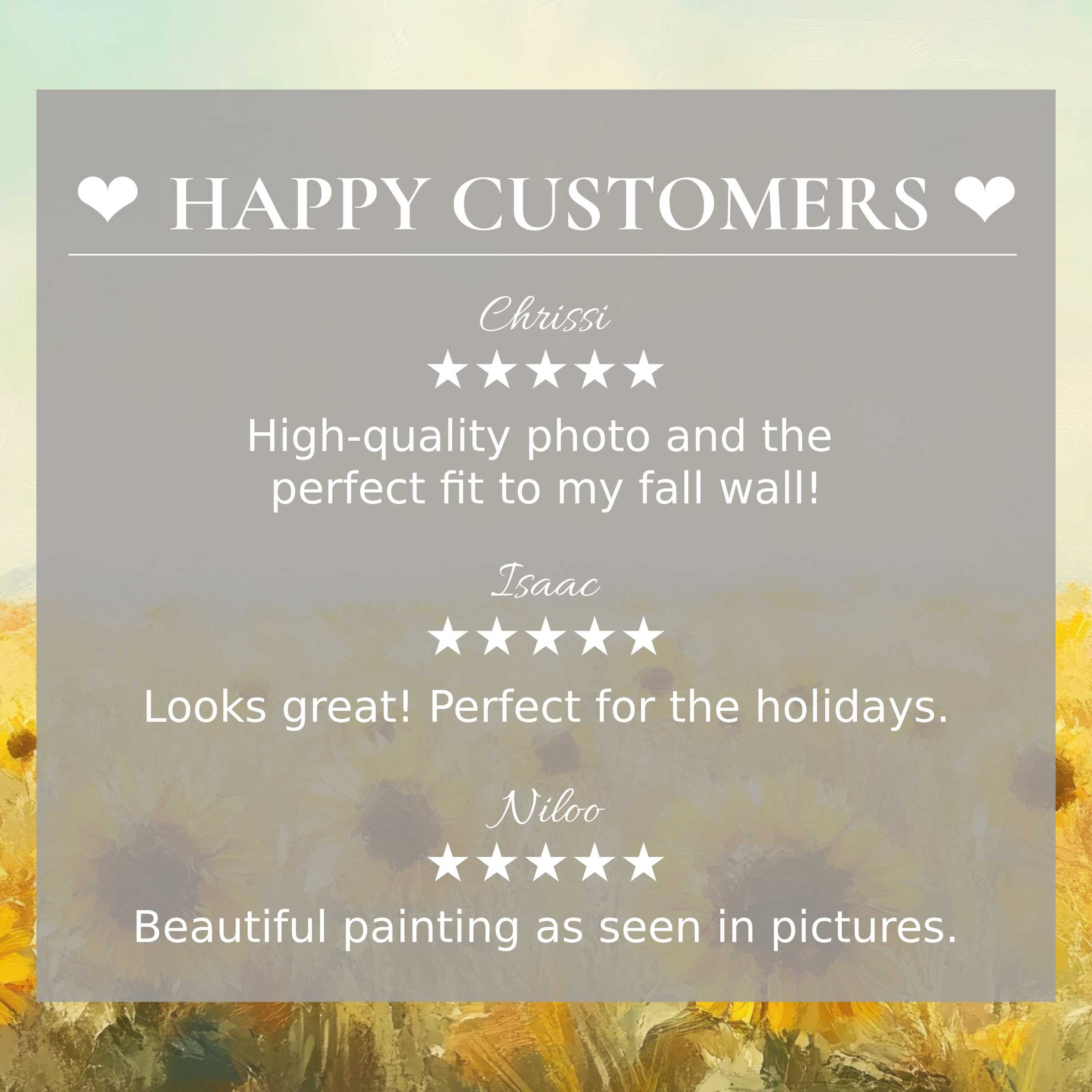 Landscape art for Frame TV with abstract sunset hues; layout inspires trust showcasing happy customer reviews