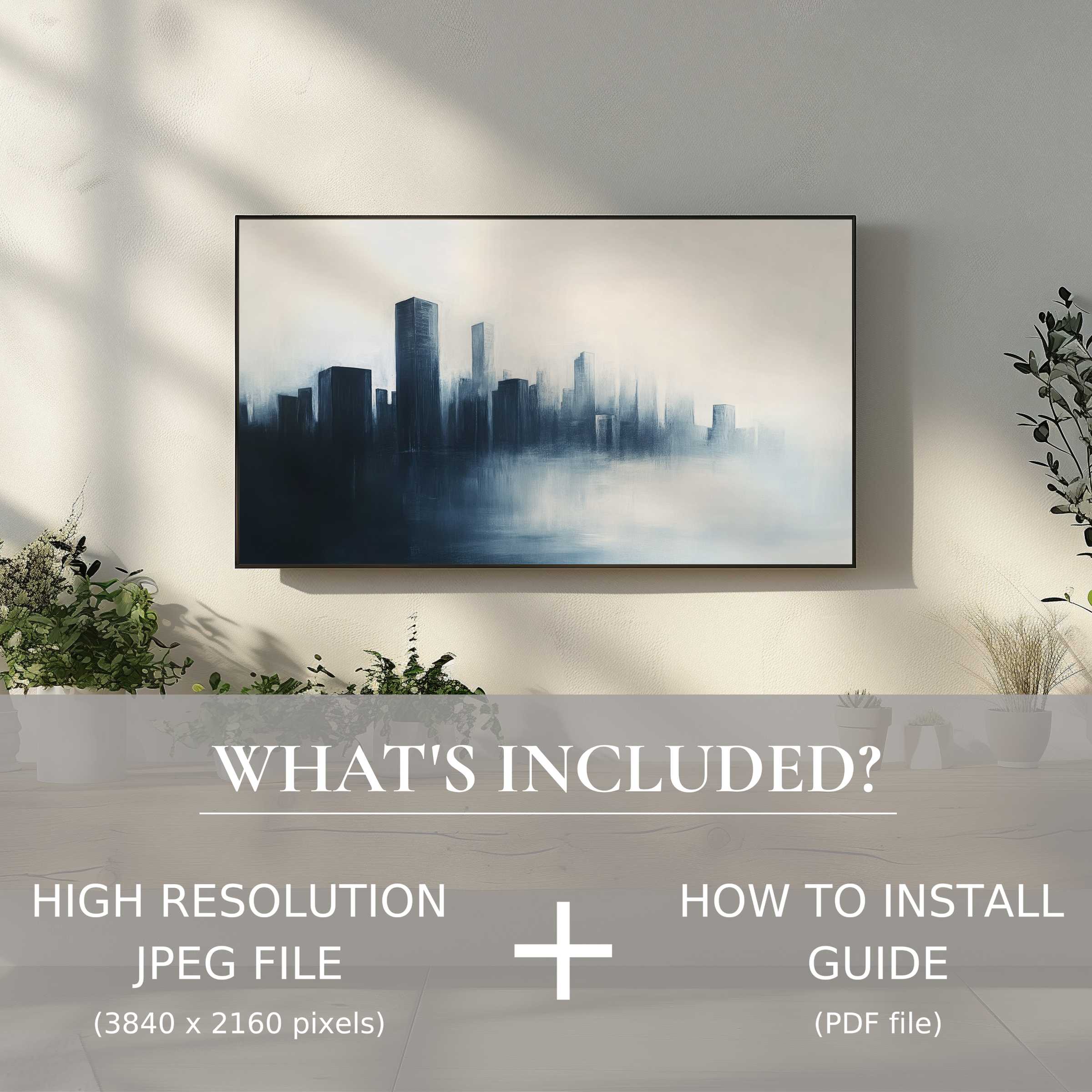 Elegant living room with modern digital TV art download showcasing a misty skyline, enhancing space with easy digital use