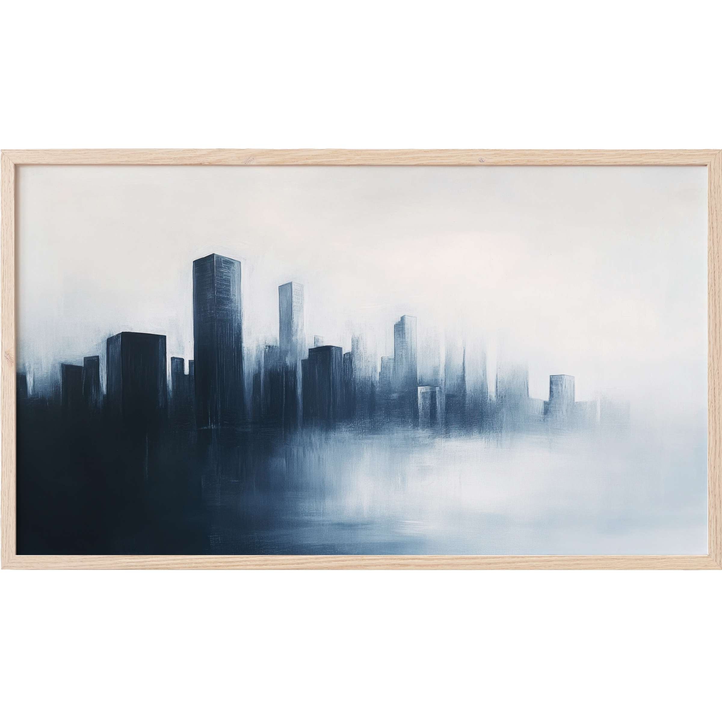 Elegant modern Frame TV Art depicting a misty city skyline in soft blues and grays with minimalist depth