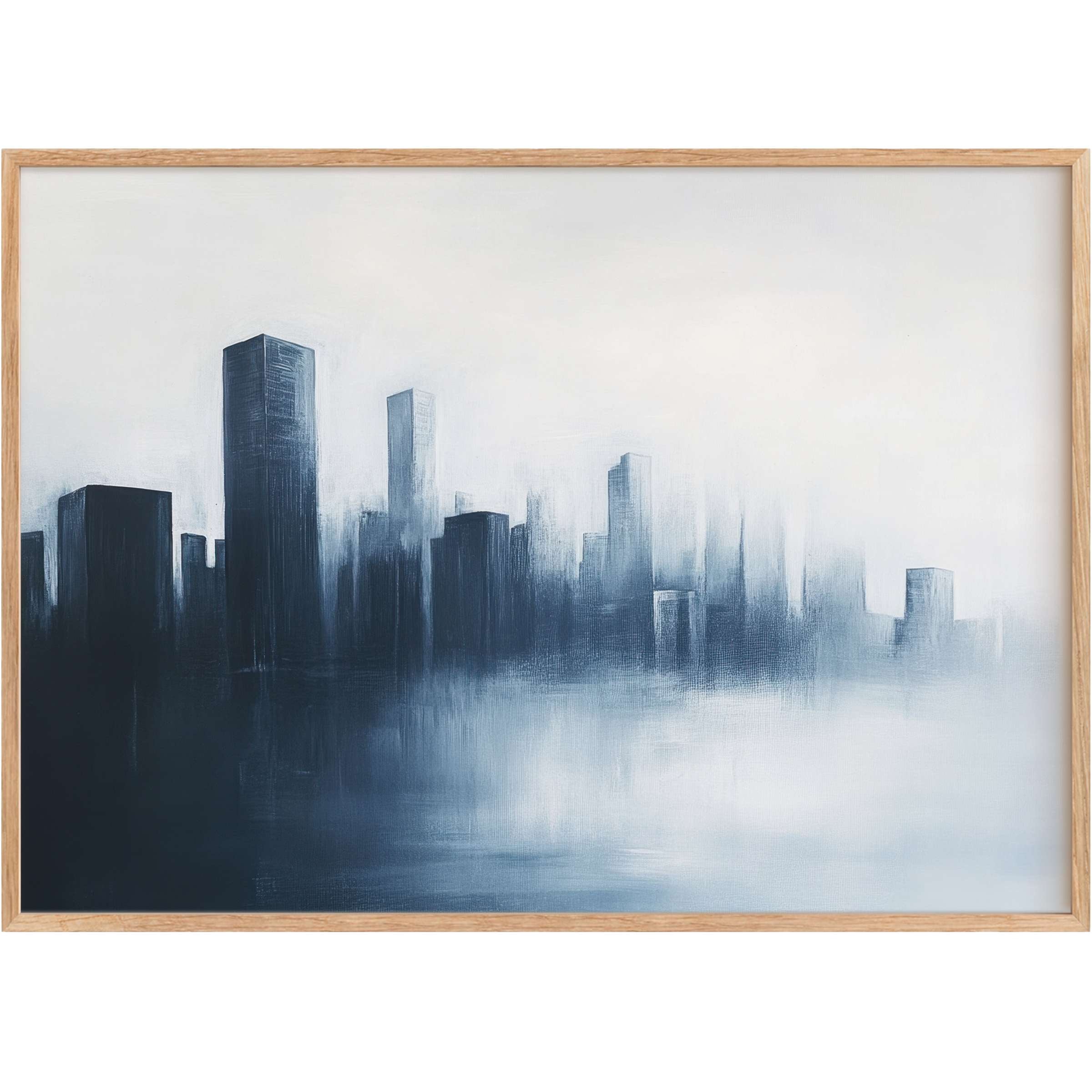 Serene modern printable wall art featuring a misty city skyline in deep navy and soft gray, evoking calm sophistication