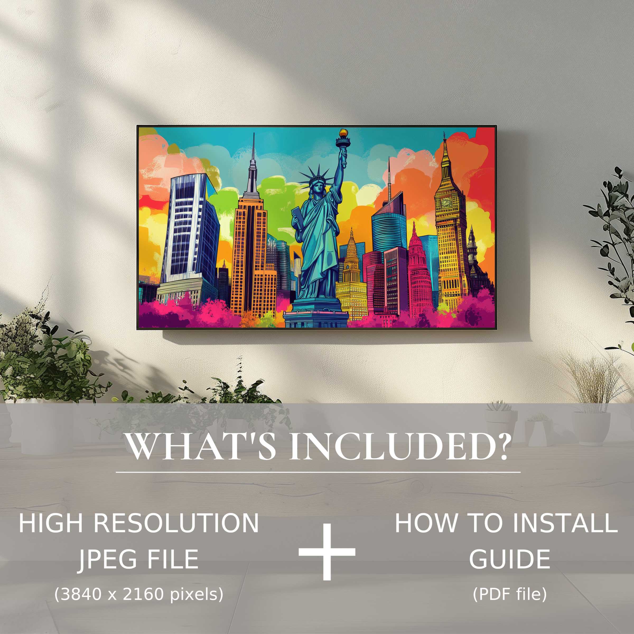 Modern living space with vibrant pop art digital TV art download, easy to use, enhancing style and ambiance effortlessly