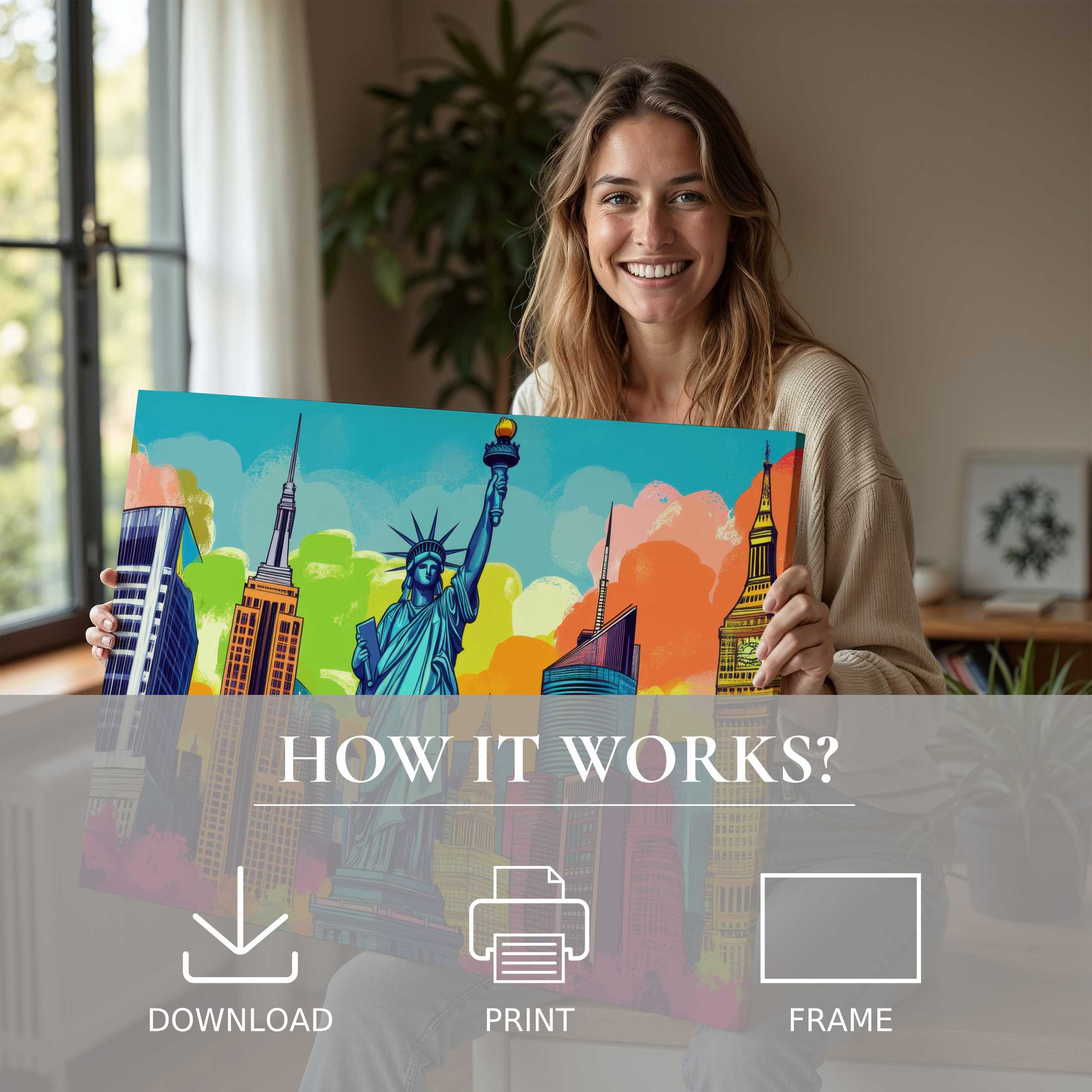 Joyful connection with pop art digital art print, bringing vibrant cityscapes to life in a serene, stylish home