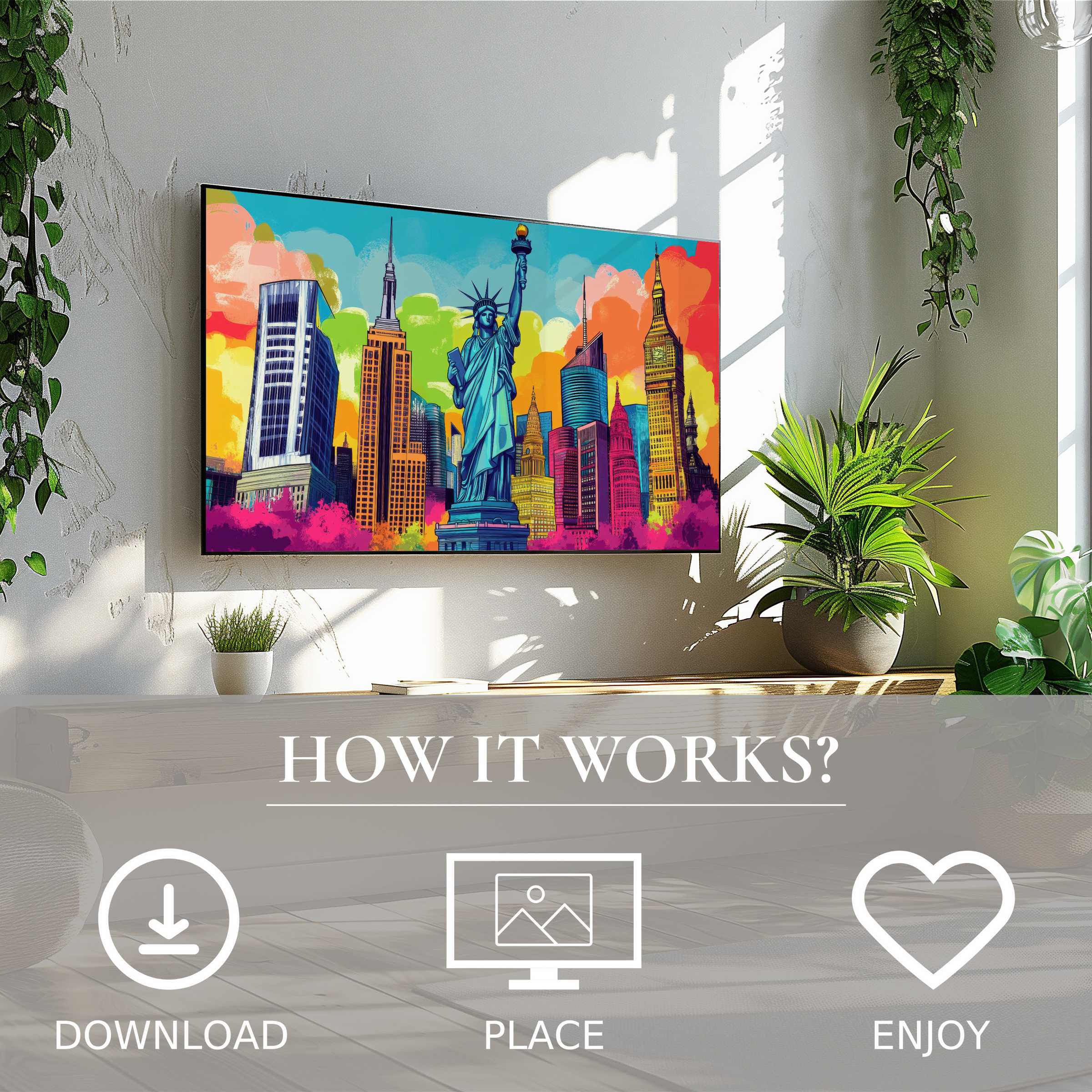 Pop art art for Samsung TV with vibrant cityscape motif; easy digital download enriches modern living spaces