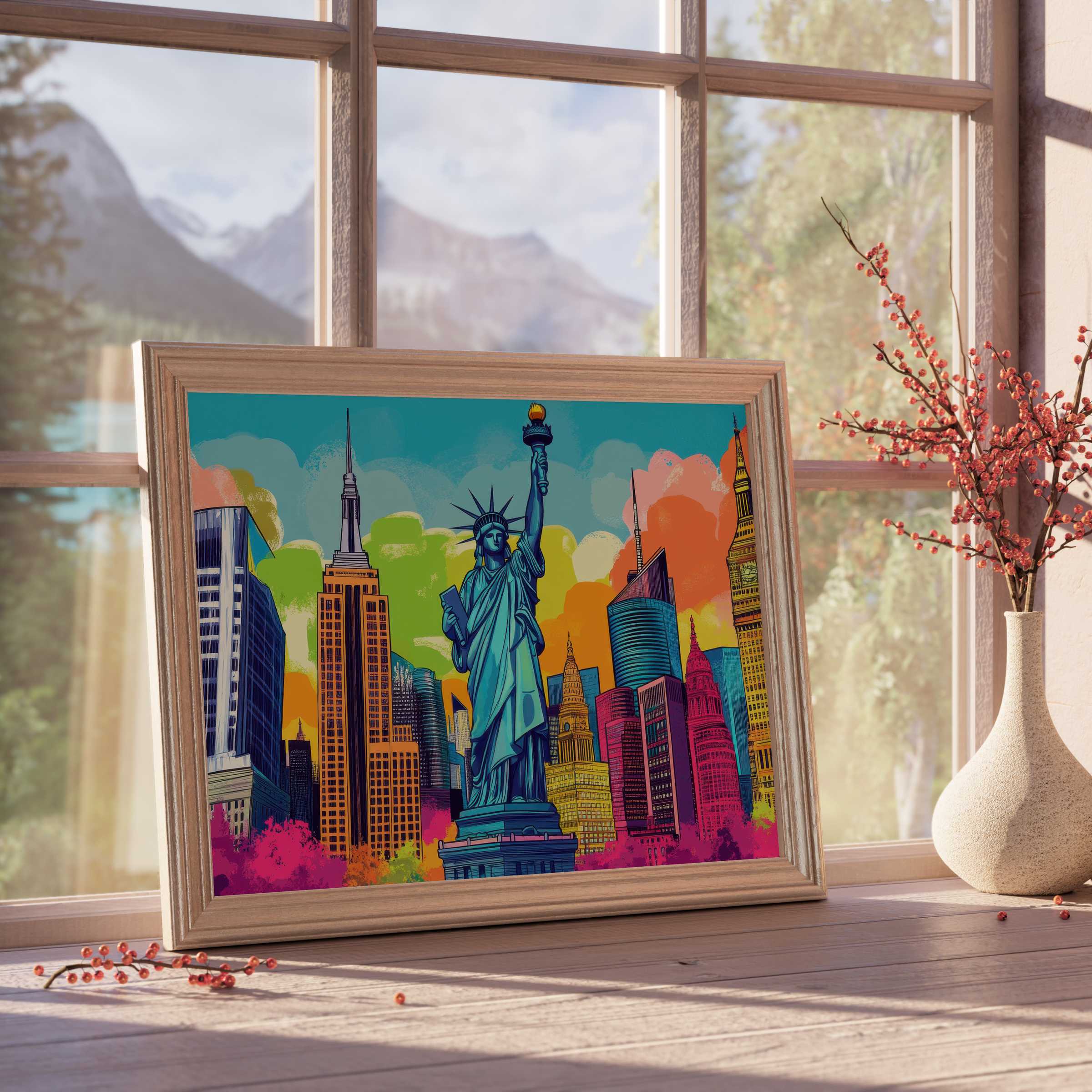 Vibrant pop art downloadable art of New York skyline, infusing curated interiors with bold colors and dynamic, modern elegance