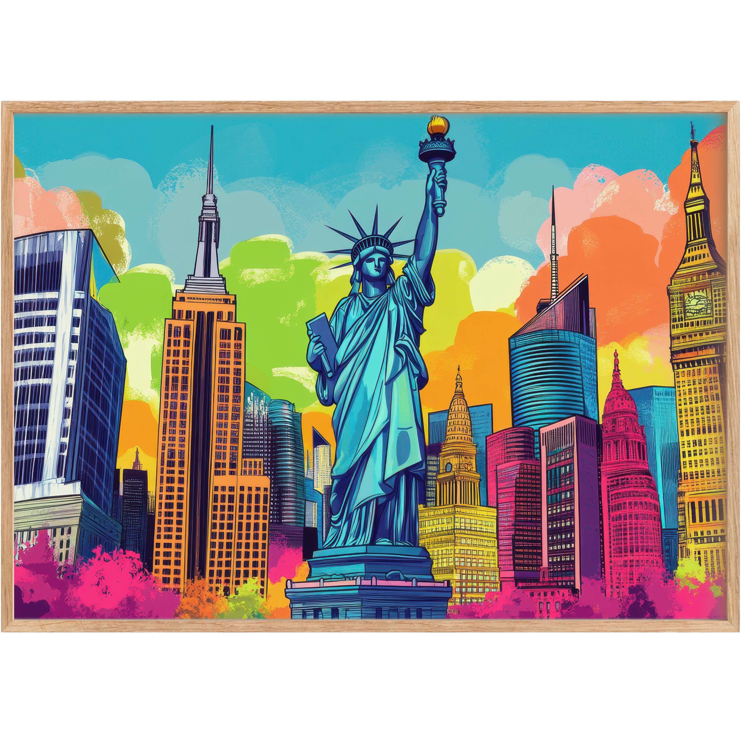 Vibrant pop art printable wall art featuring iconic city landmarks in electric blues, pinks, and oranges radiates dynamic urban energy