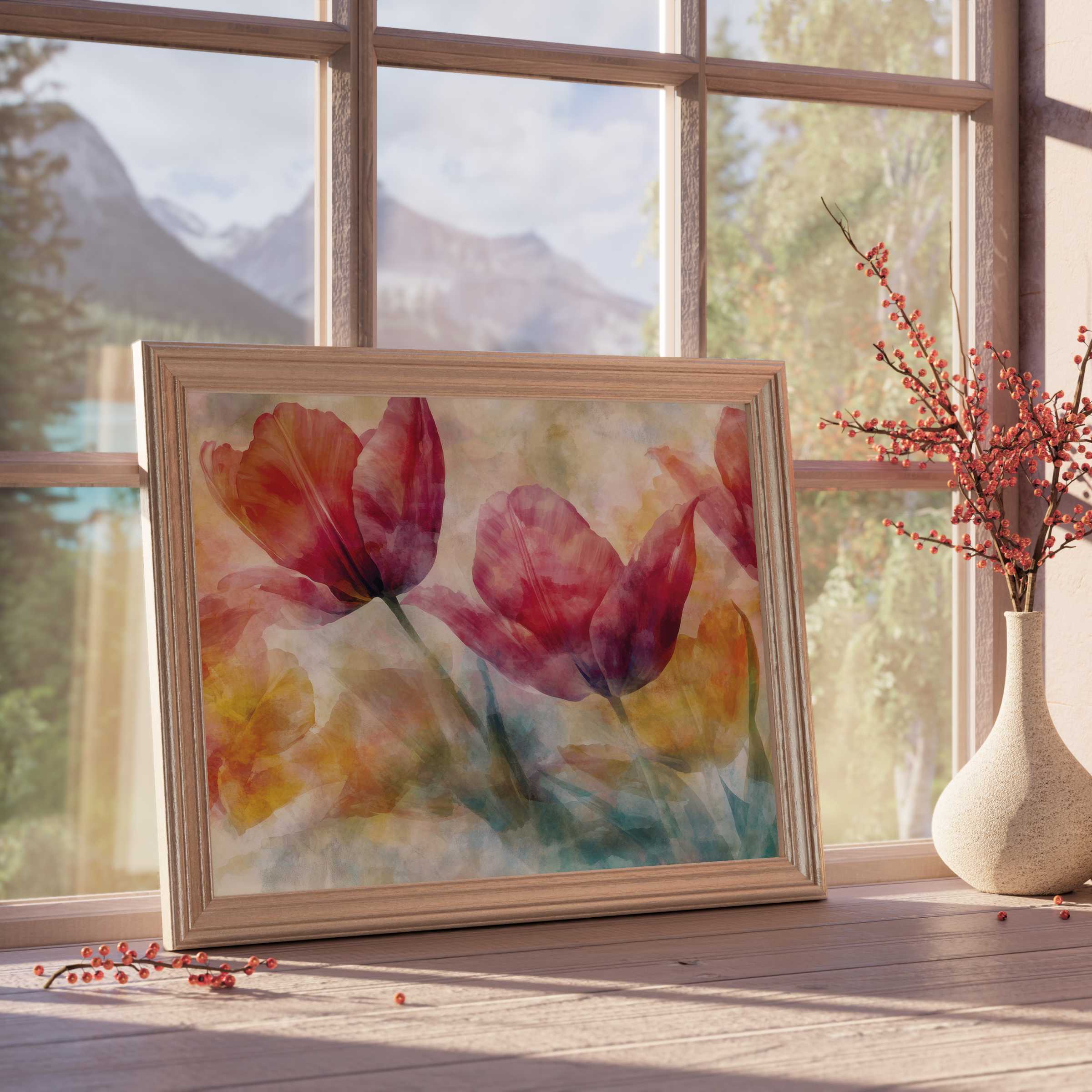 Elegant floral downloadable art with vibrant tulips in soft watercolor hues, enhancing serene, design-forward interiors with natural light