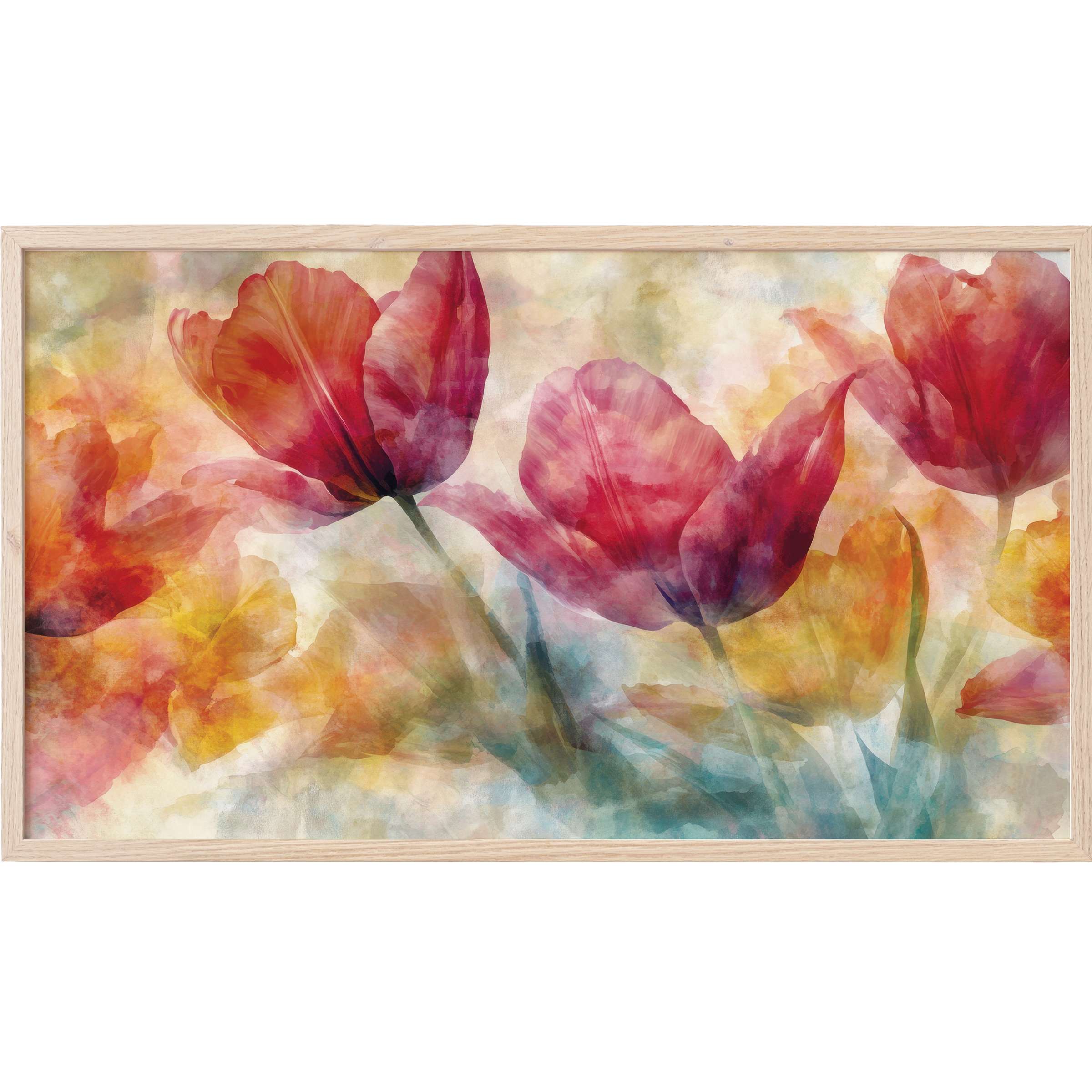 Floral Frame TV Art with soft watercolor tulips in red, orange, and blue hues for a modern elegant decor