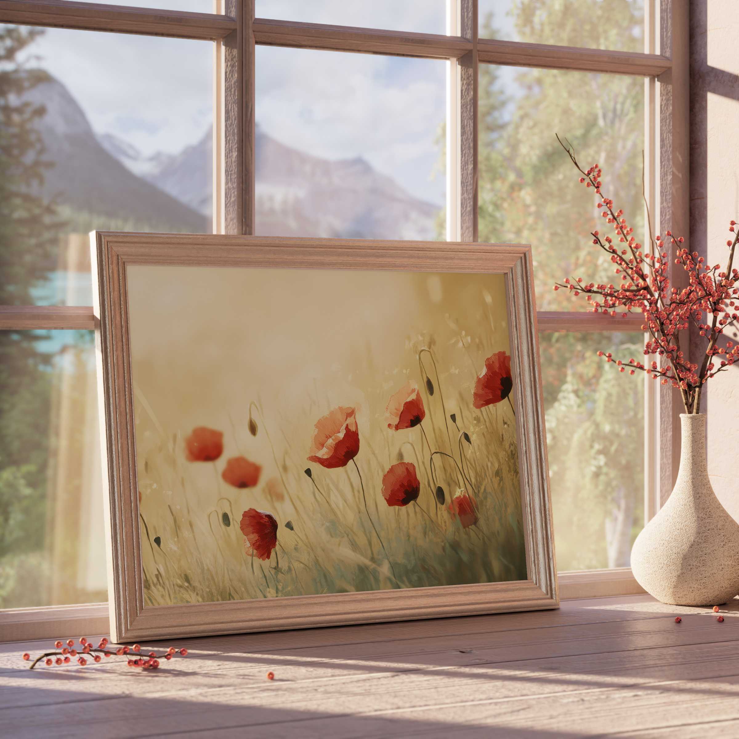 Elegant spring downloadable art featuring vibrant poppies in soft sunlight, perfect for curated, tranquil, design-forward interiors