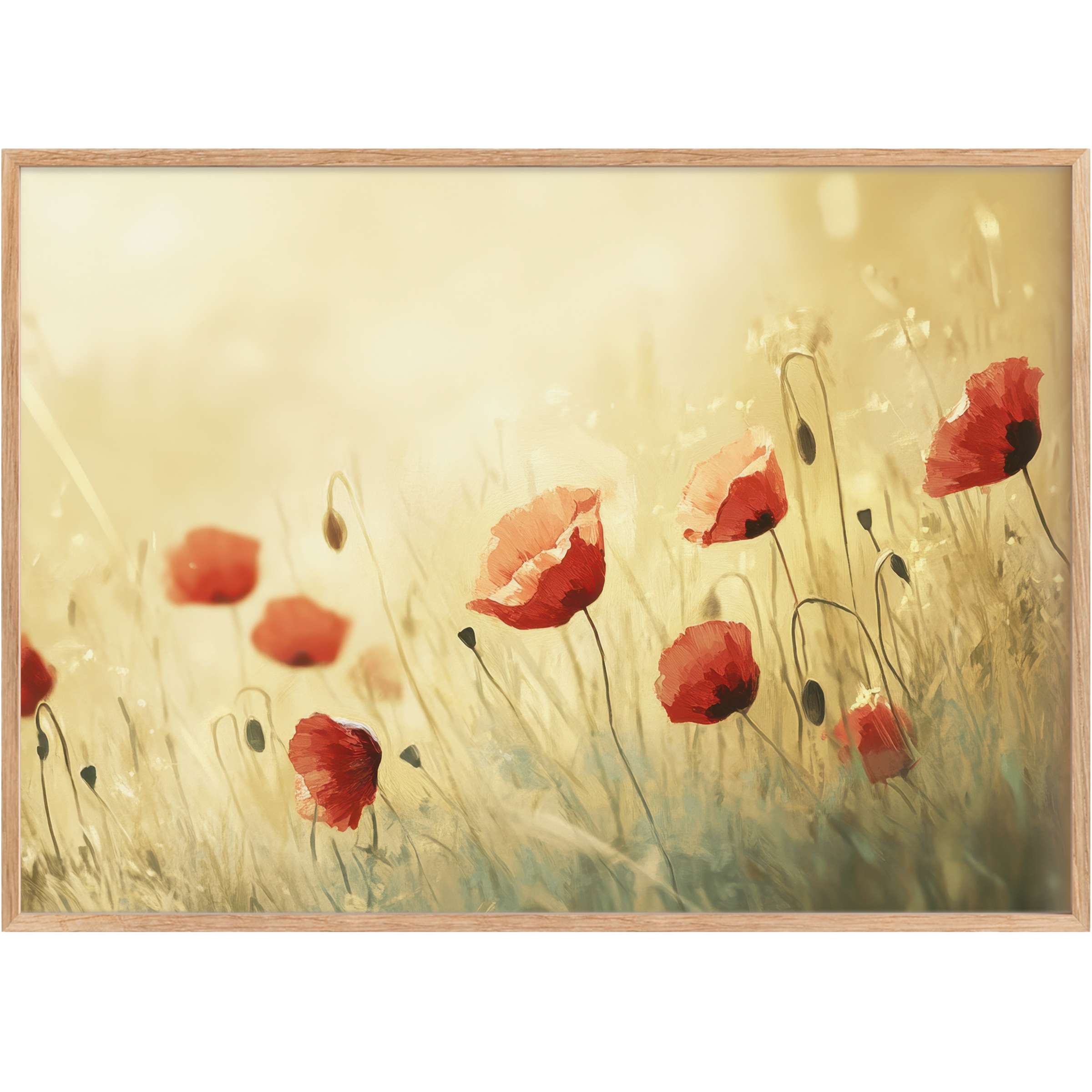 Radiant spring printable wall art with vibrant red poppies glowing against a soft golden haze, evoking warmth and elegant serenity