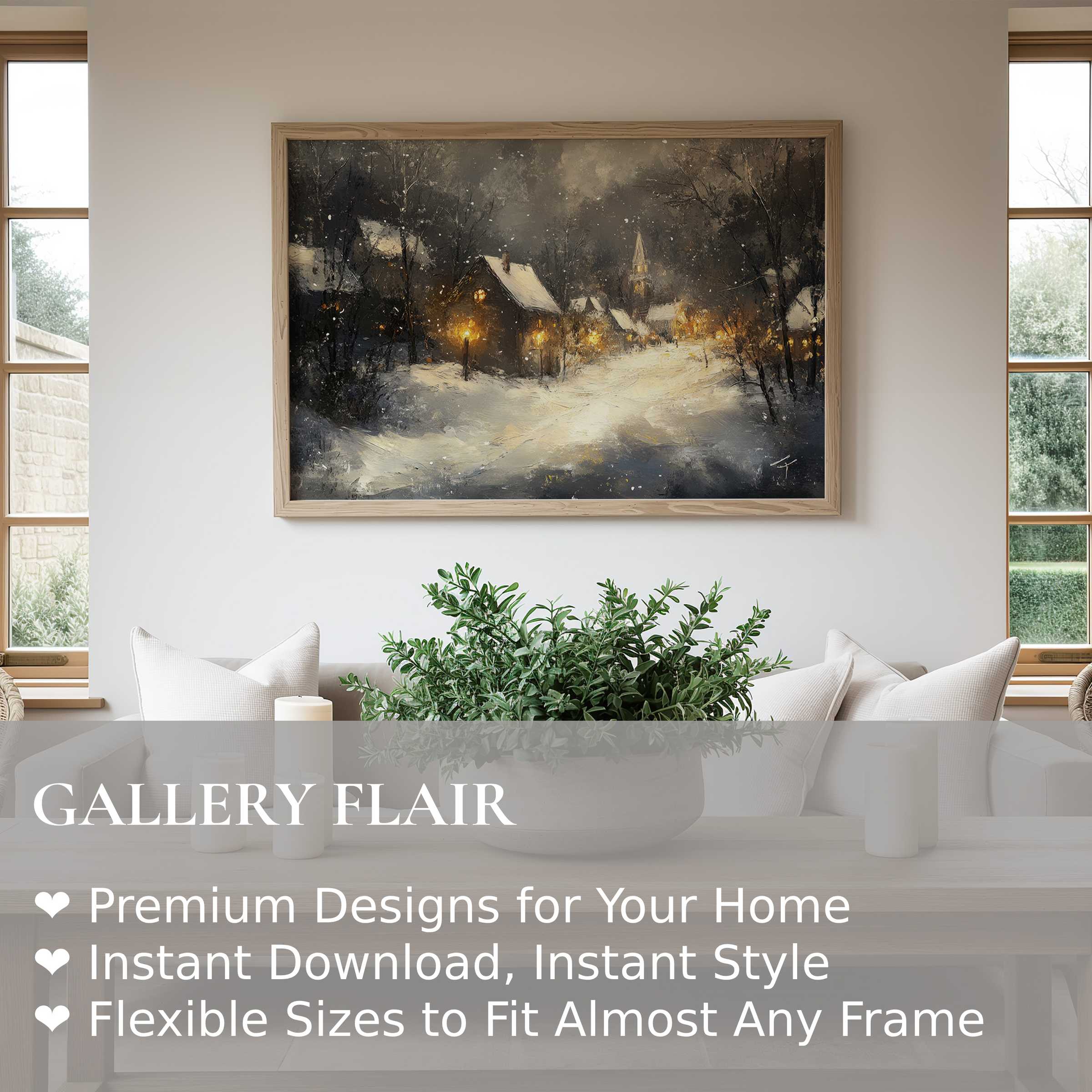 Winter wall art print depicting a serene snow-covered village glowing with warm streetlamps, enhancing modern minimalist interiors with soft, calming ambiance and elegant seasonal charm