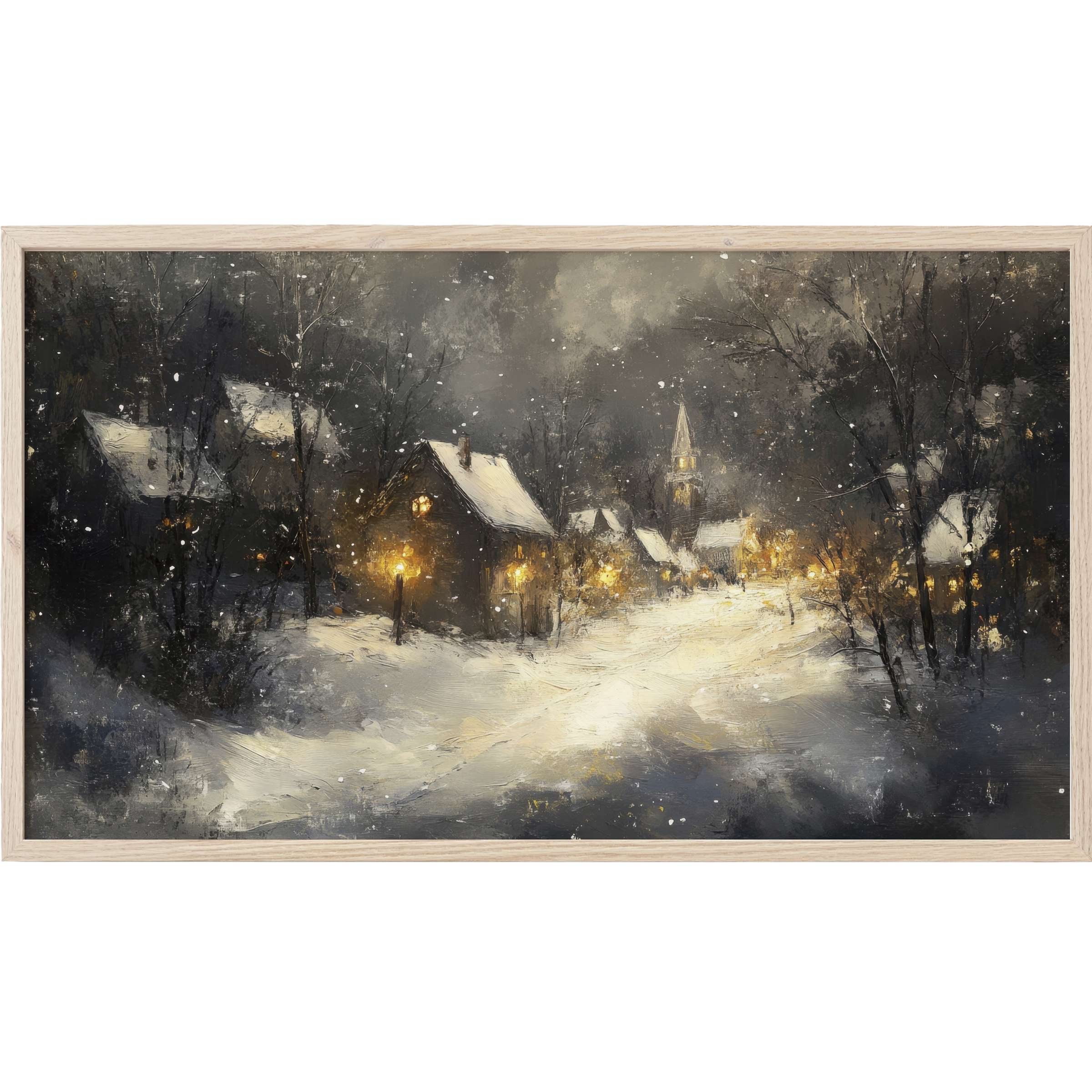 Winter village scene with dark hues and warm glowing lights, rendered in elegant winter Frame TV Art style