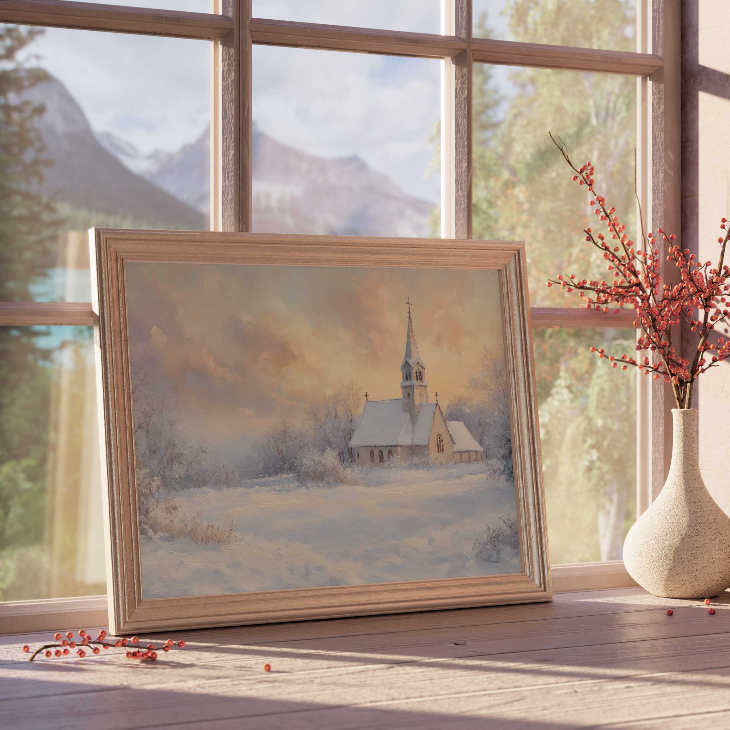 Christmas downloadable art capturing a serene snow-covered chapel glowing at sunset, perfect for elegant, tranquil interiors