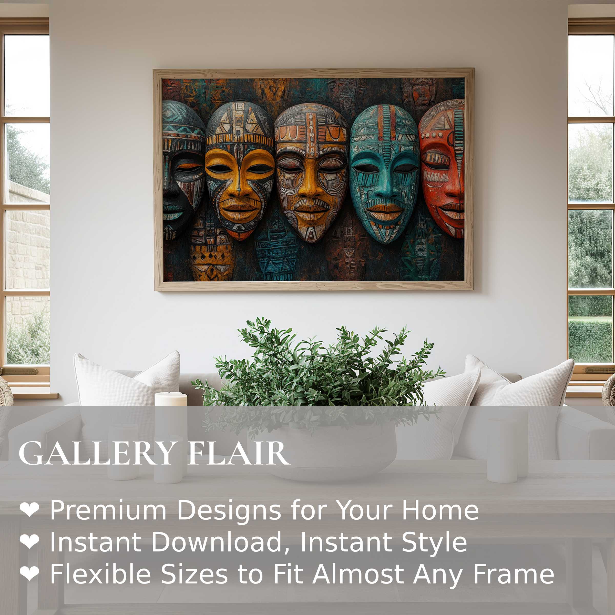 Boho wall art print featuring vibrant tribal masks in earthy tones, enriching modern minimalist interiors with bold, soulful energy