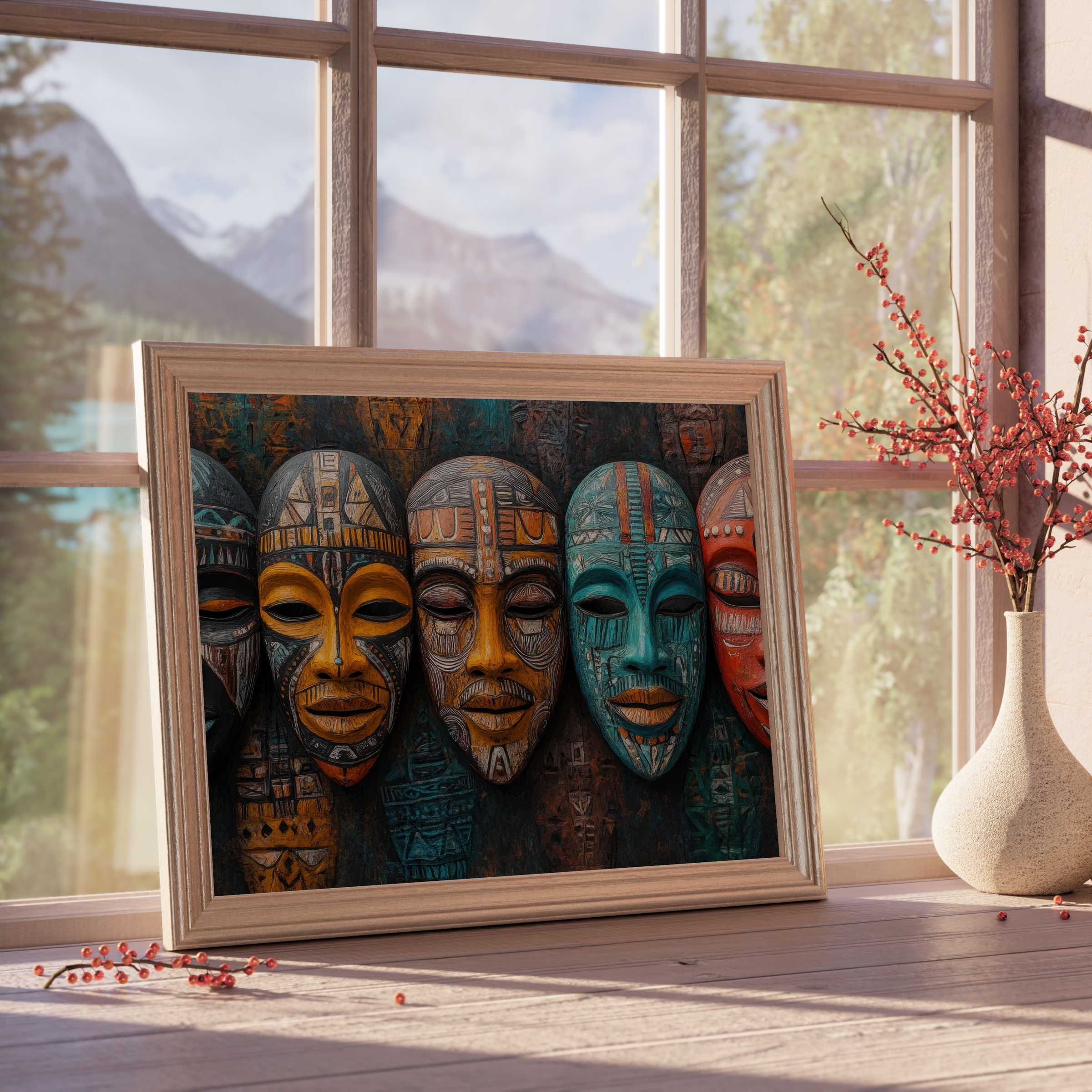 Boho downloadable art featuring vibrant tribal masks in warm and teal tones, perfect for curated, tranquil bohemian interiors