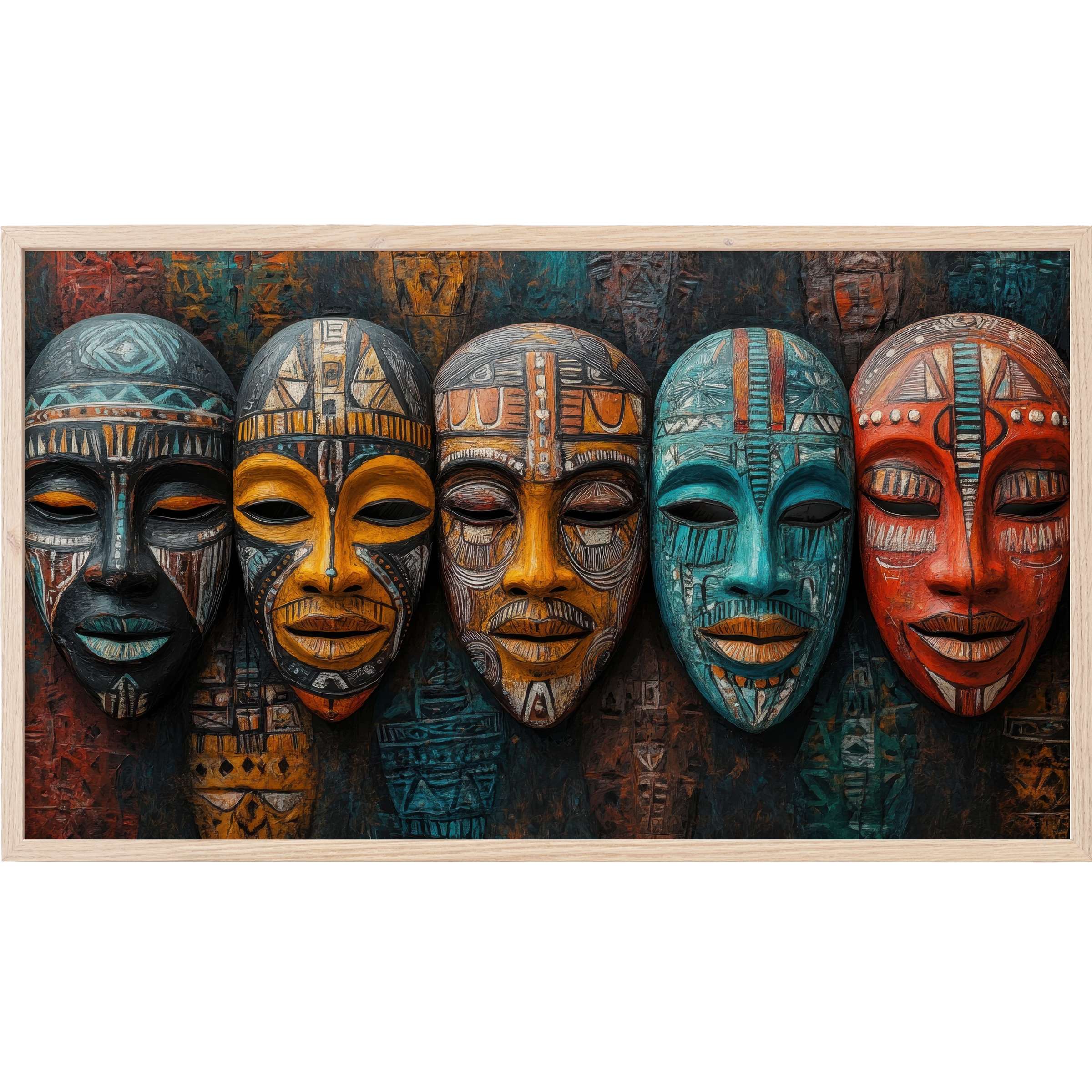 Boho Frame TV Art featuring vibrant tribal masks in rich teal, burnt orange, and earthy tones with intricate detailing