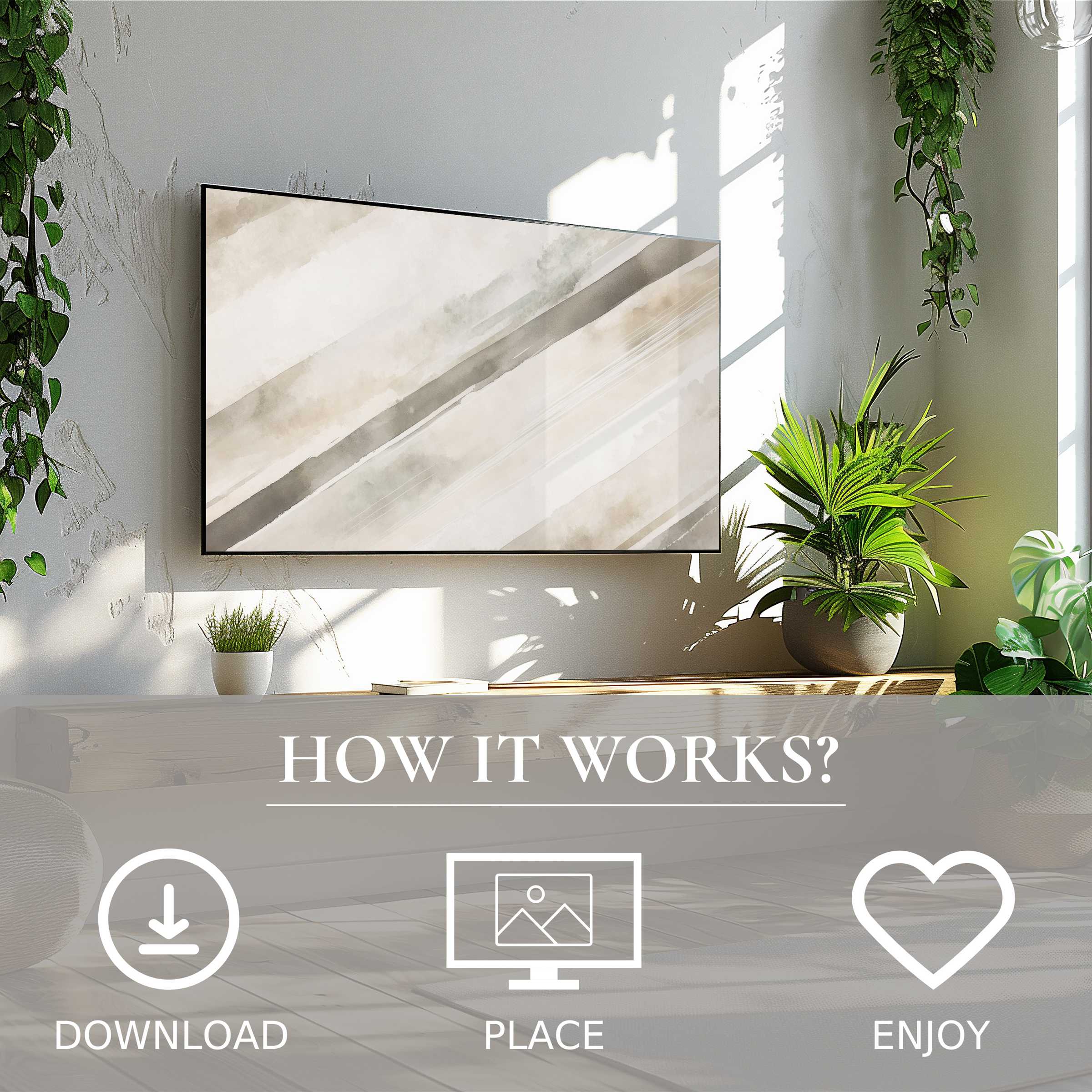 Neutral art for Samsung TV shows soft beige and gray color flow, easy digital download enhances minimalist living space