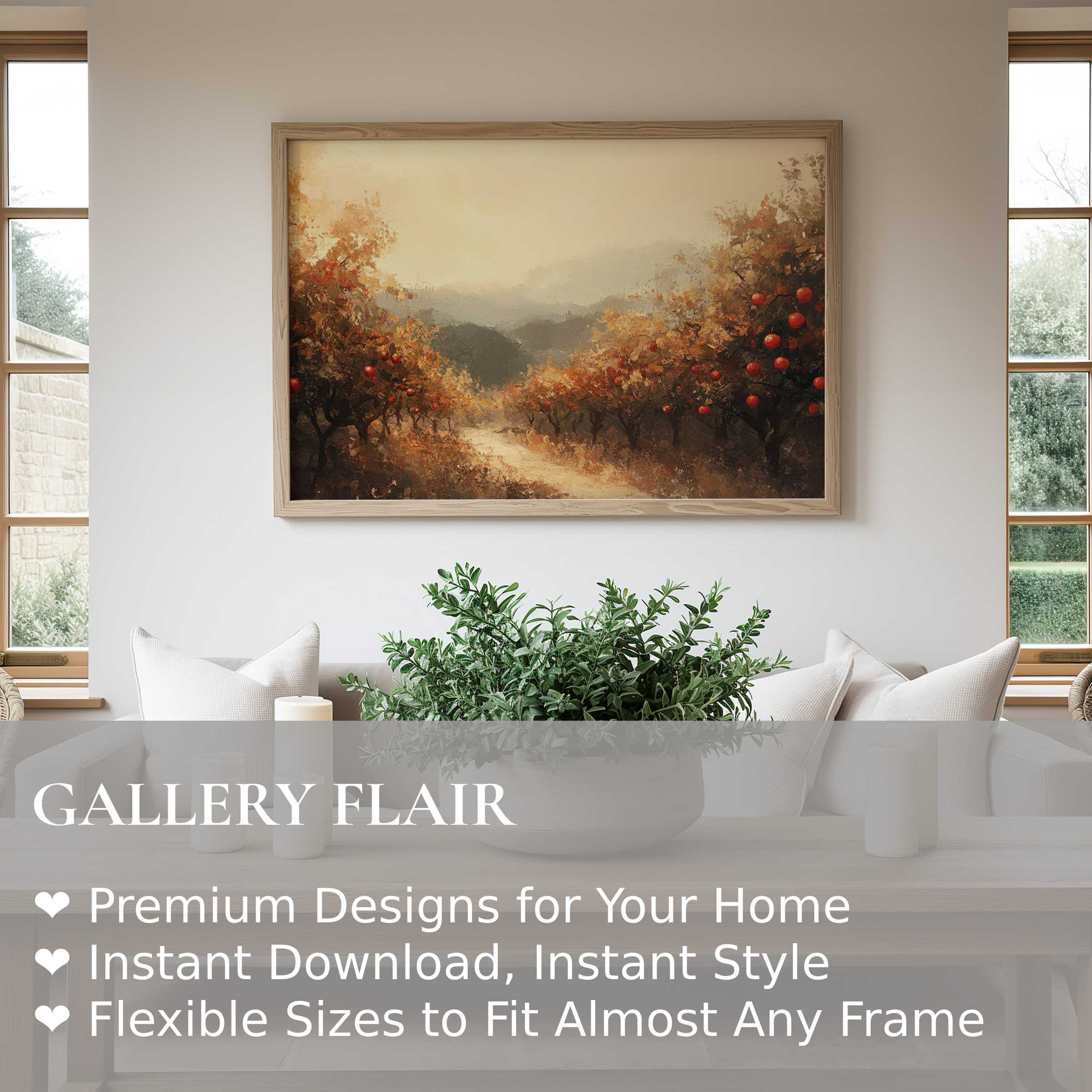 Fall wall art print showcasing a radiant, warm orchard pathway in soft autumn hues, enhancing modern minimalist interiors with cozy elegance