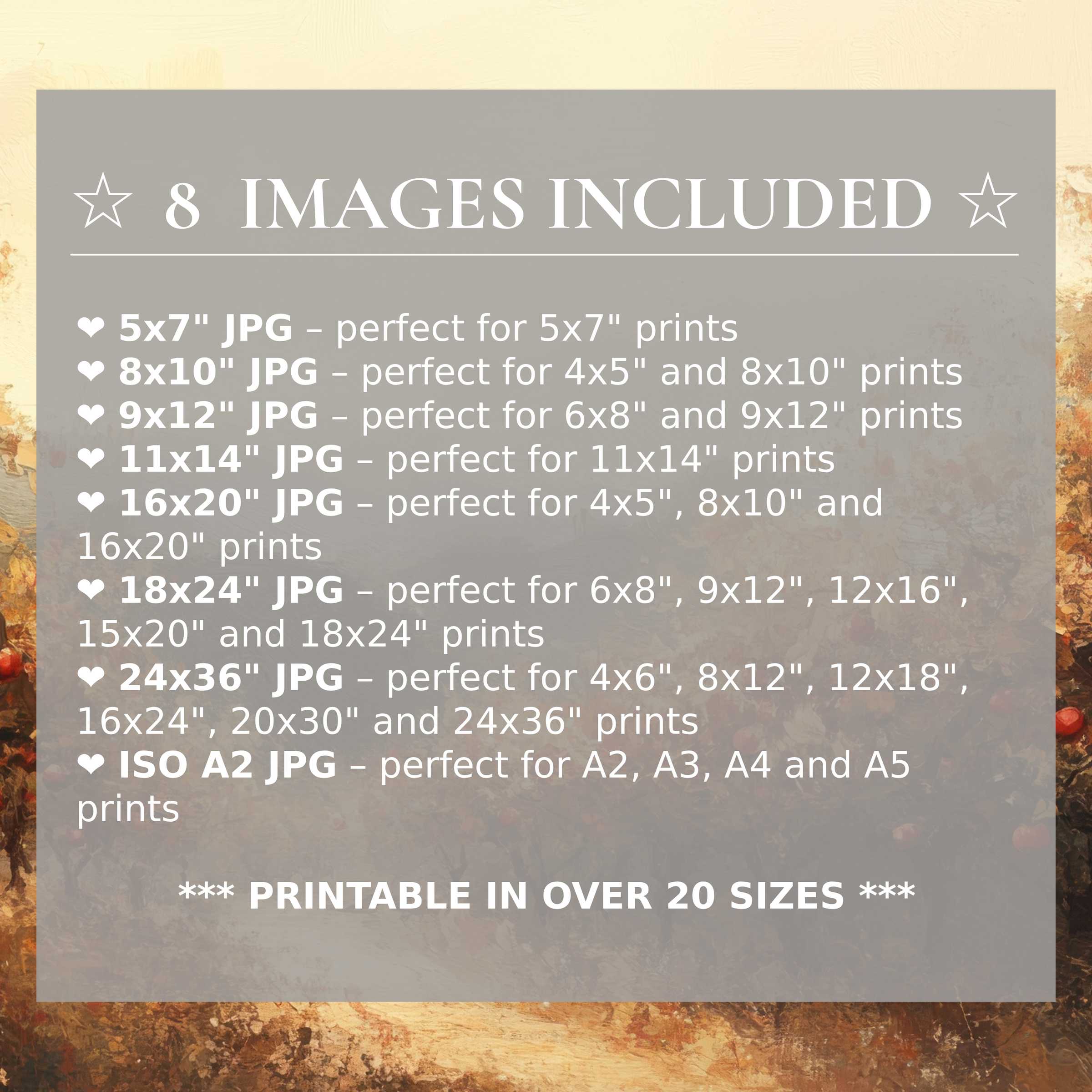 Fall digital print radiates warm, earthy tones with amber and rust hues, offering 8 high-quality sizes included for versatile, stylish modern interiors