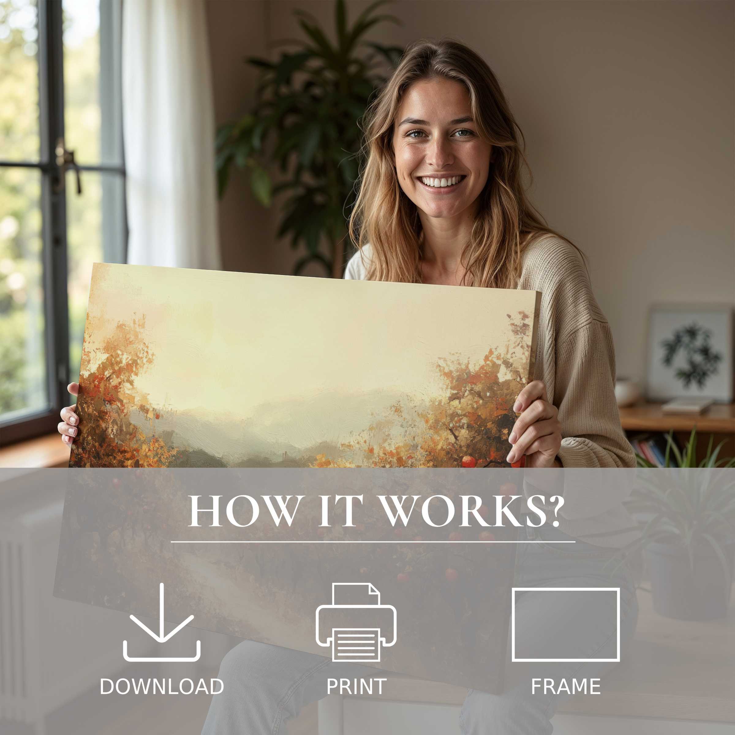 Warm fall digital art print embraced in a chic modern home, evoking serene joy and effortless living with art