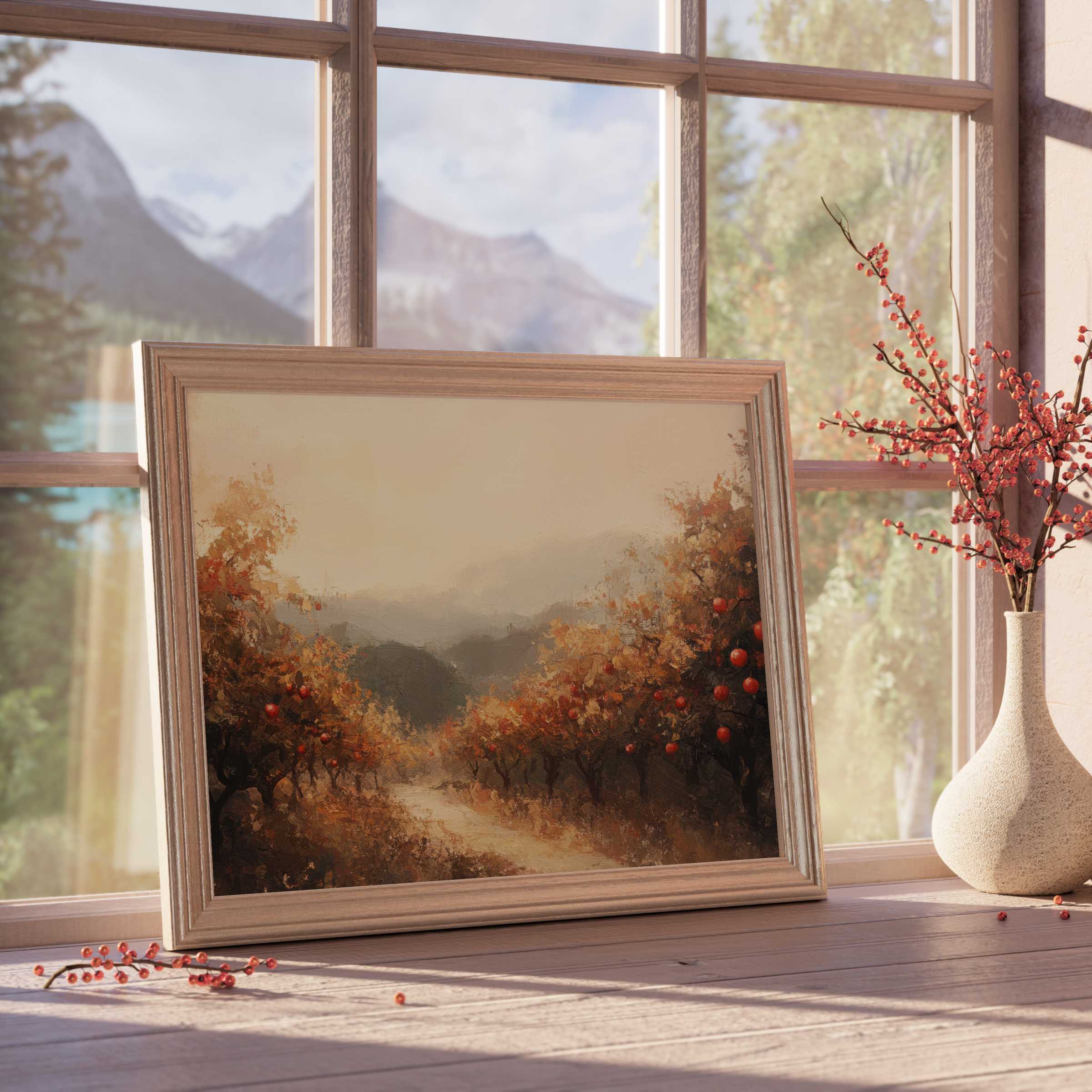 Fall downloadable art evokes serene orchard paths in warm hues, enriching tranquil interiors with curated autumnal elegance and cozy seasonal charm