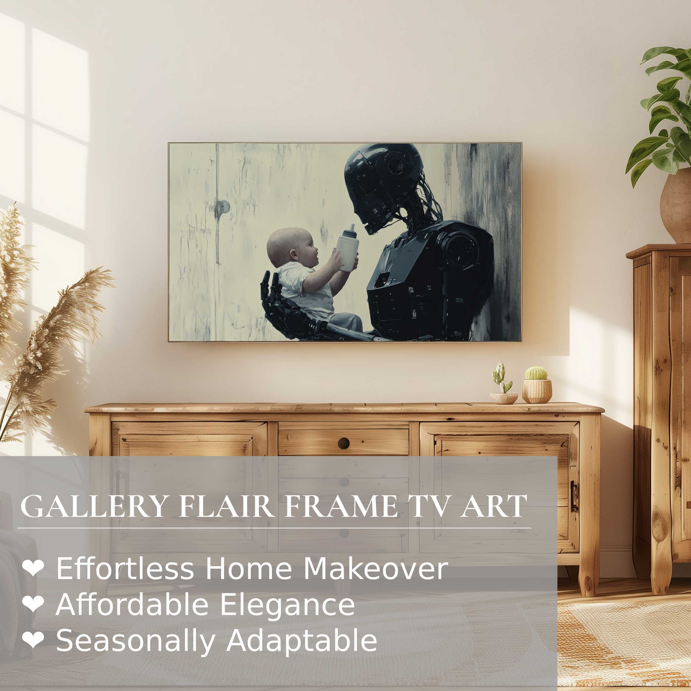 Modern Samsung Frame TV displays poignant street art digital artwork of a robot cradling a baby in a serene living space