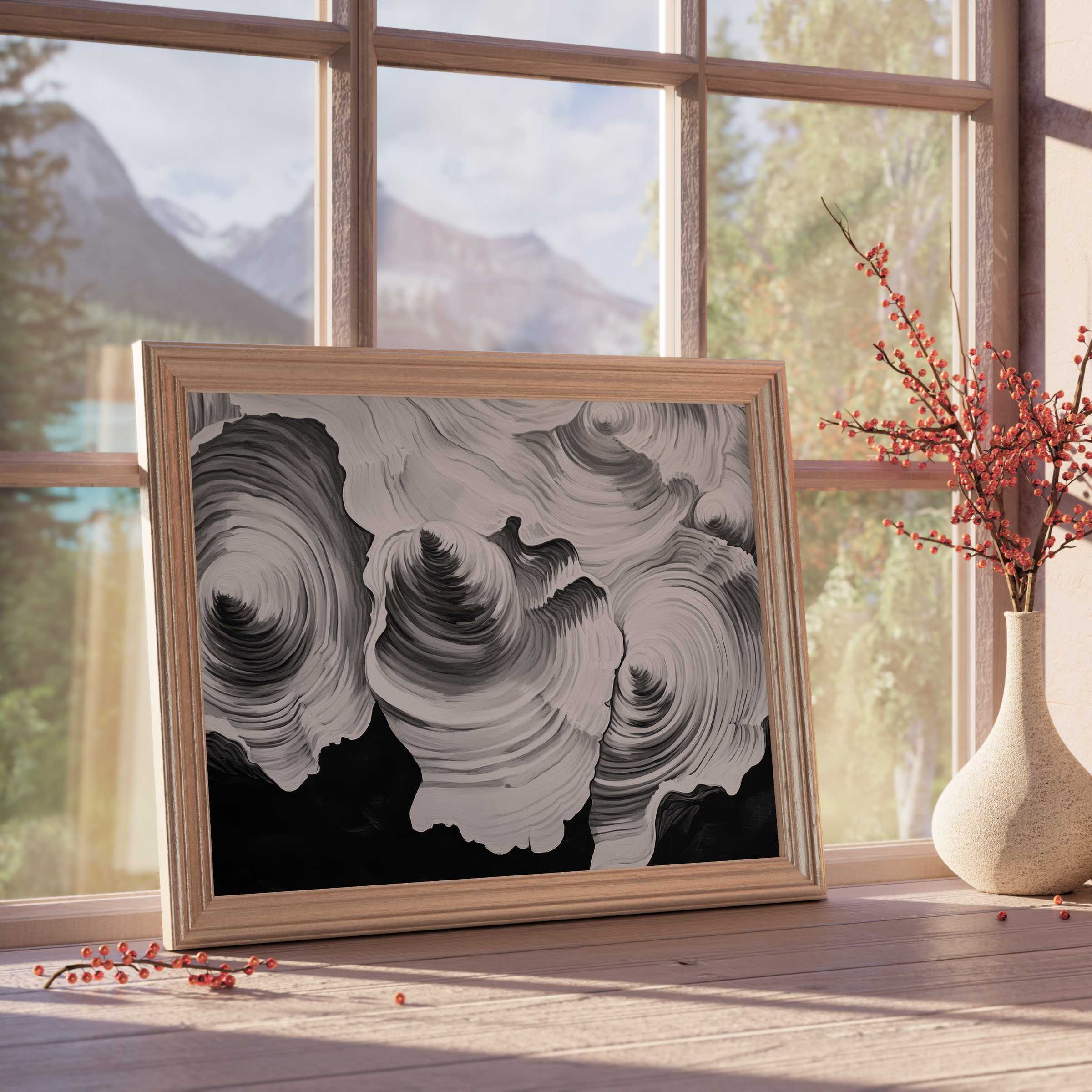 Black and white downloadable art featuring elegant wood grain patterns, elevating serene, curated interiors with timeless sophistication