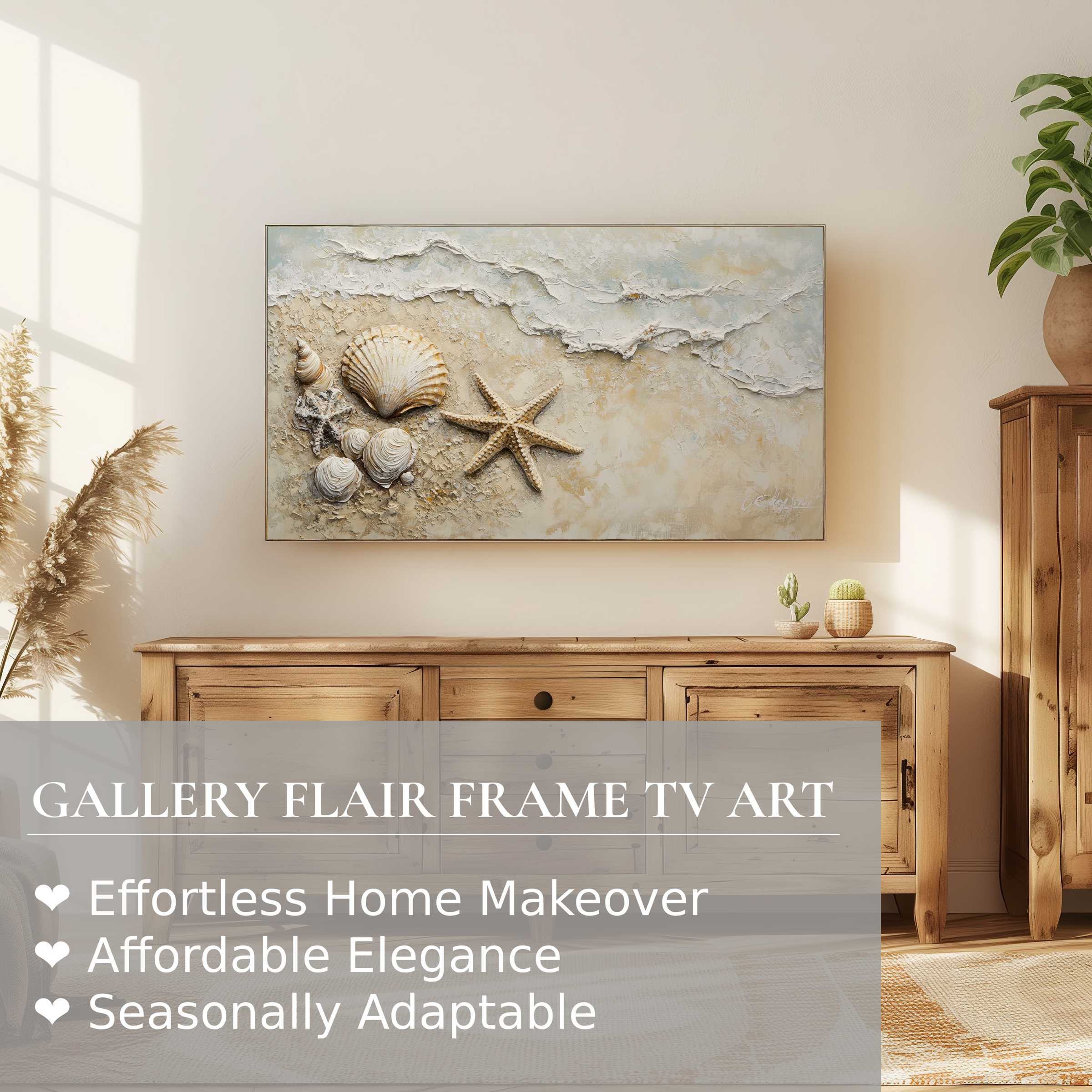 Samsung Frame TV with coastal digital artwork showcasing textured seashells in a serene, modern living room setting