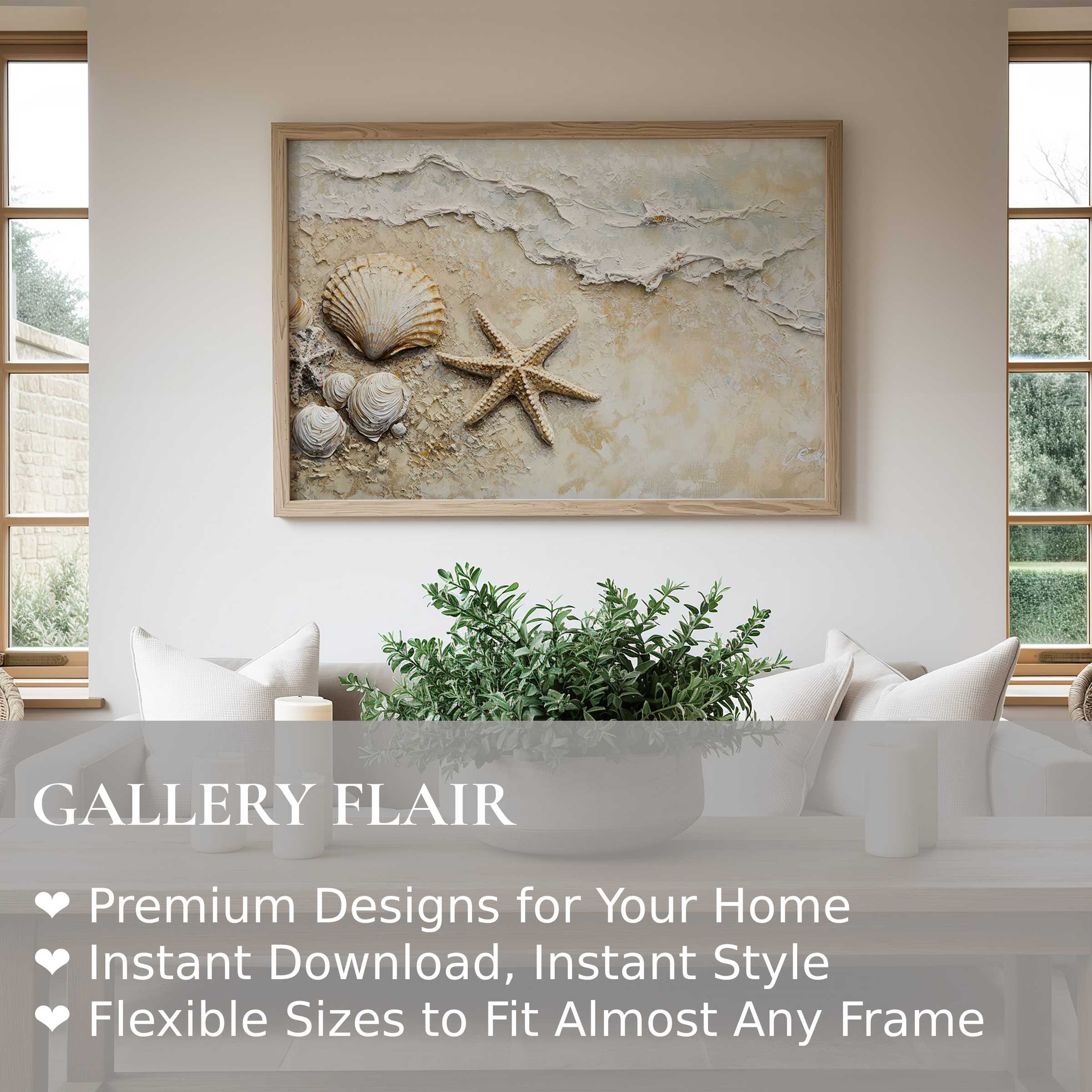 Coastal wall art print with textured seashells and starfish, enhancing serene modern living spaces with calming, natural elegance
