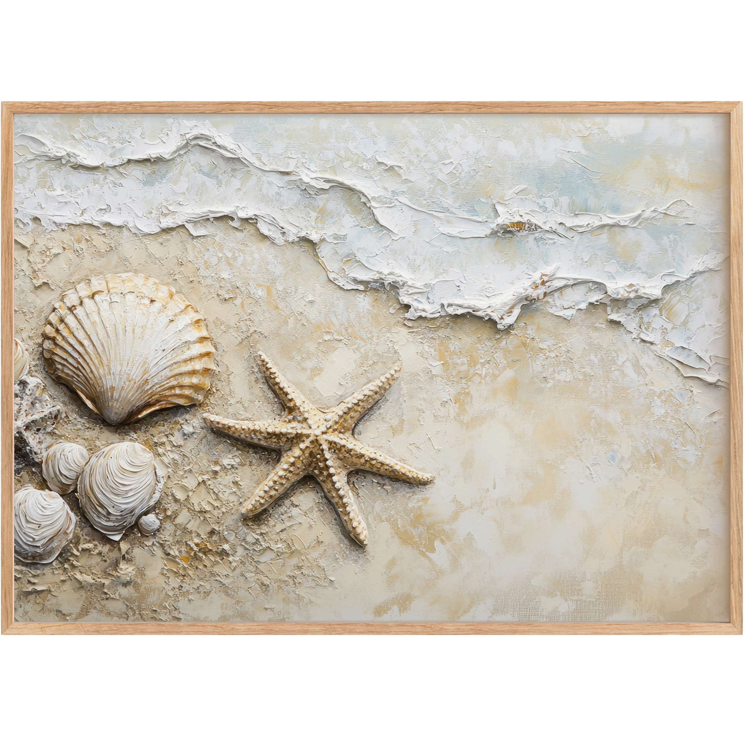 Coastal printable wall art featuring textured seashells and starfish in soft beige and white tones, evoking serene beachside tranquility