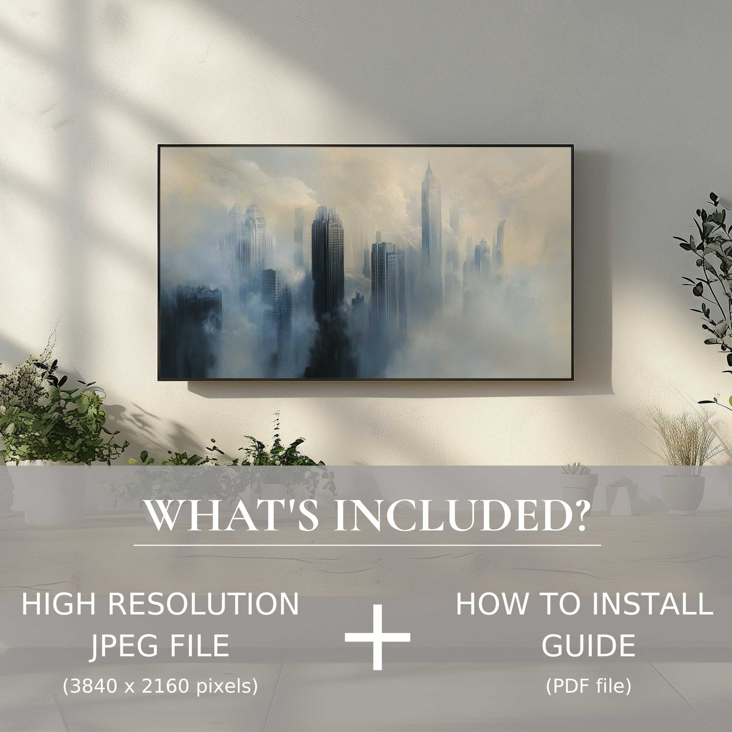 Elegant urban digital TV art download enhances spaces effortlessly with a high-res file and simple installation guide