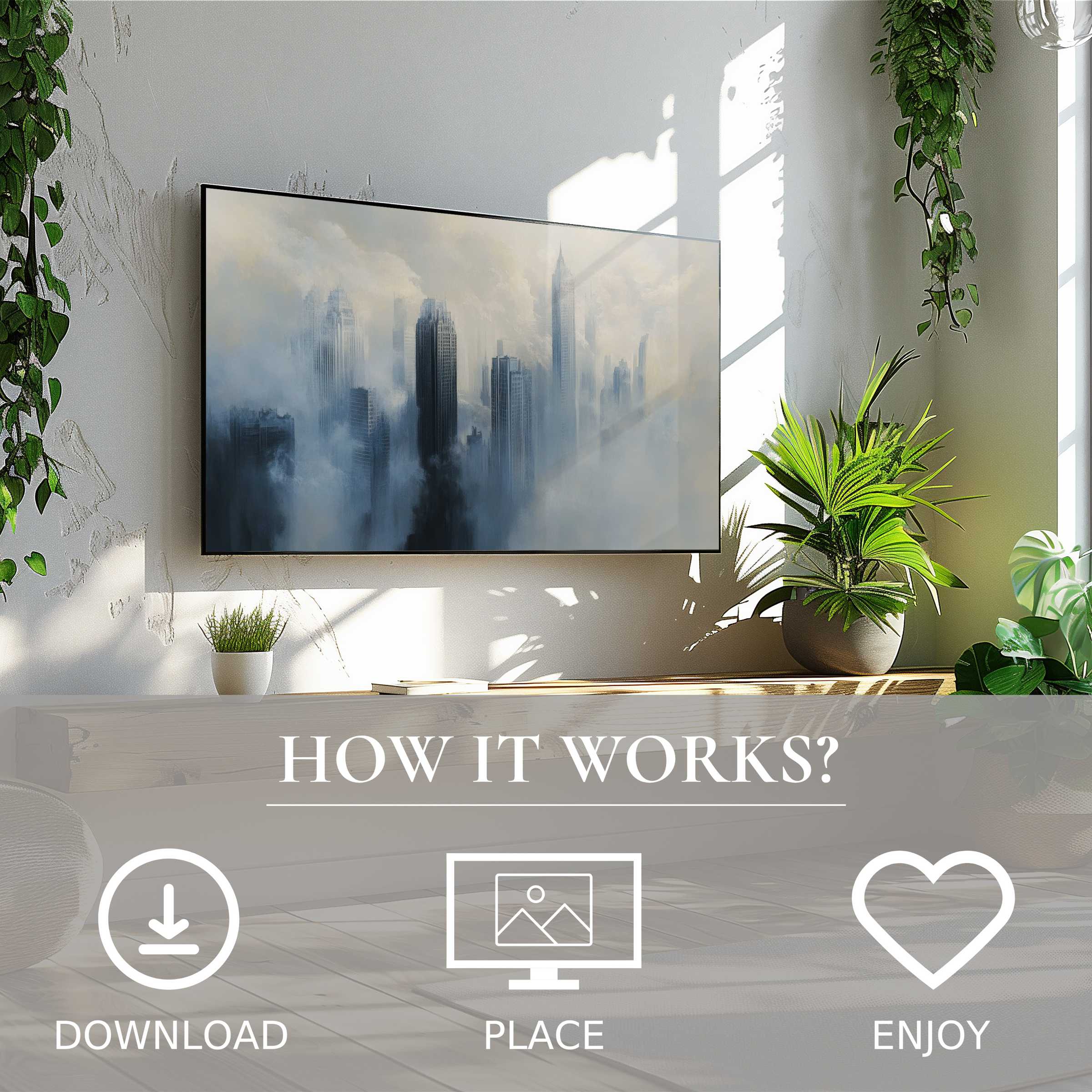 Urban art for Samsung TV shows misty skyline motif, easy digital download, instantly enriching modern living spaces with sleek style