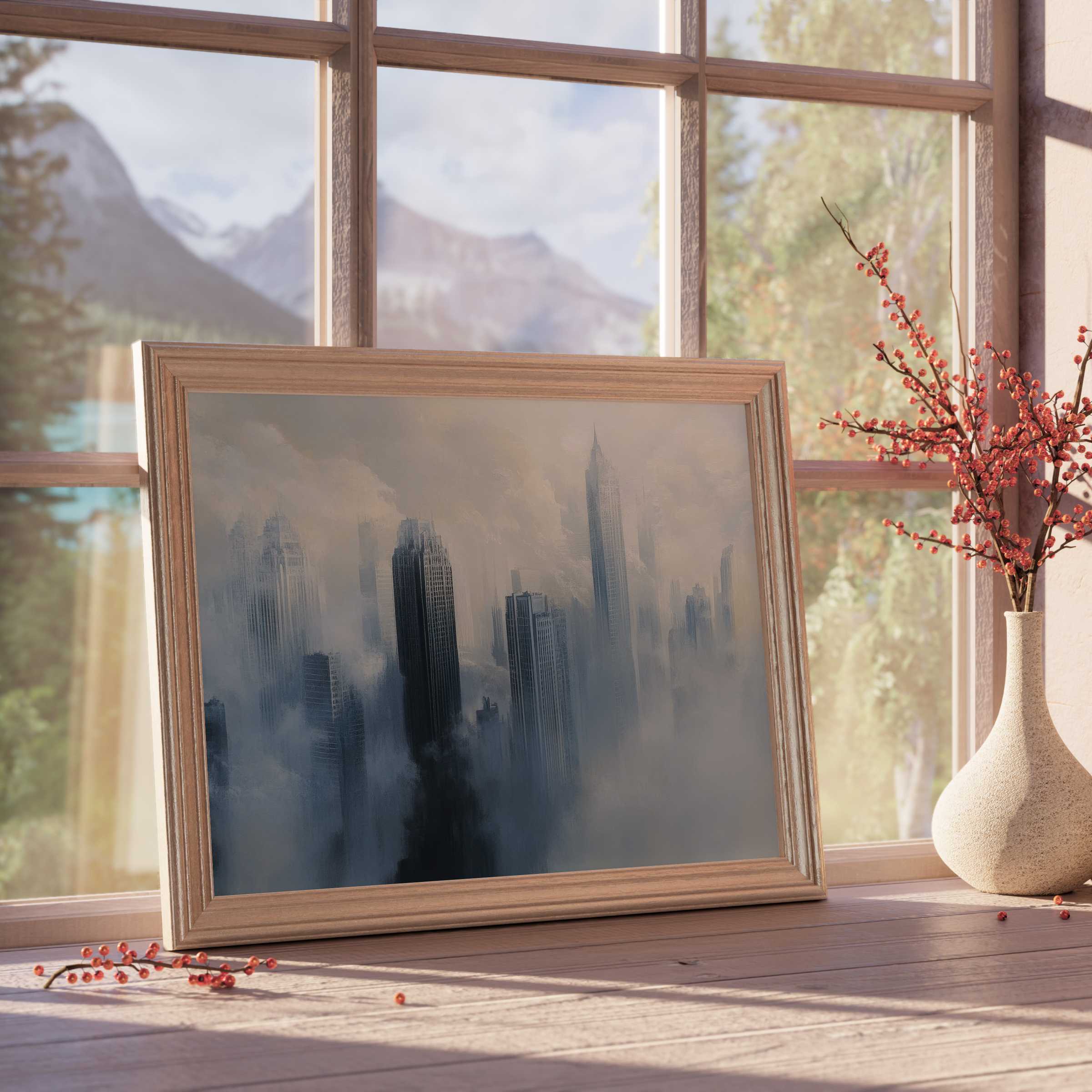 Urban downloadable art capturing a misty skyline, adding serene depth and modern elegance to curated, tranquil interiors