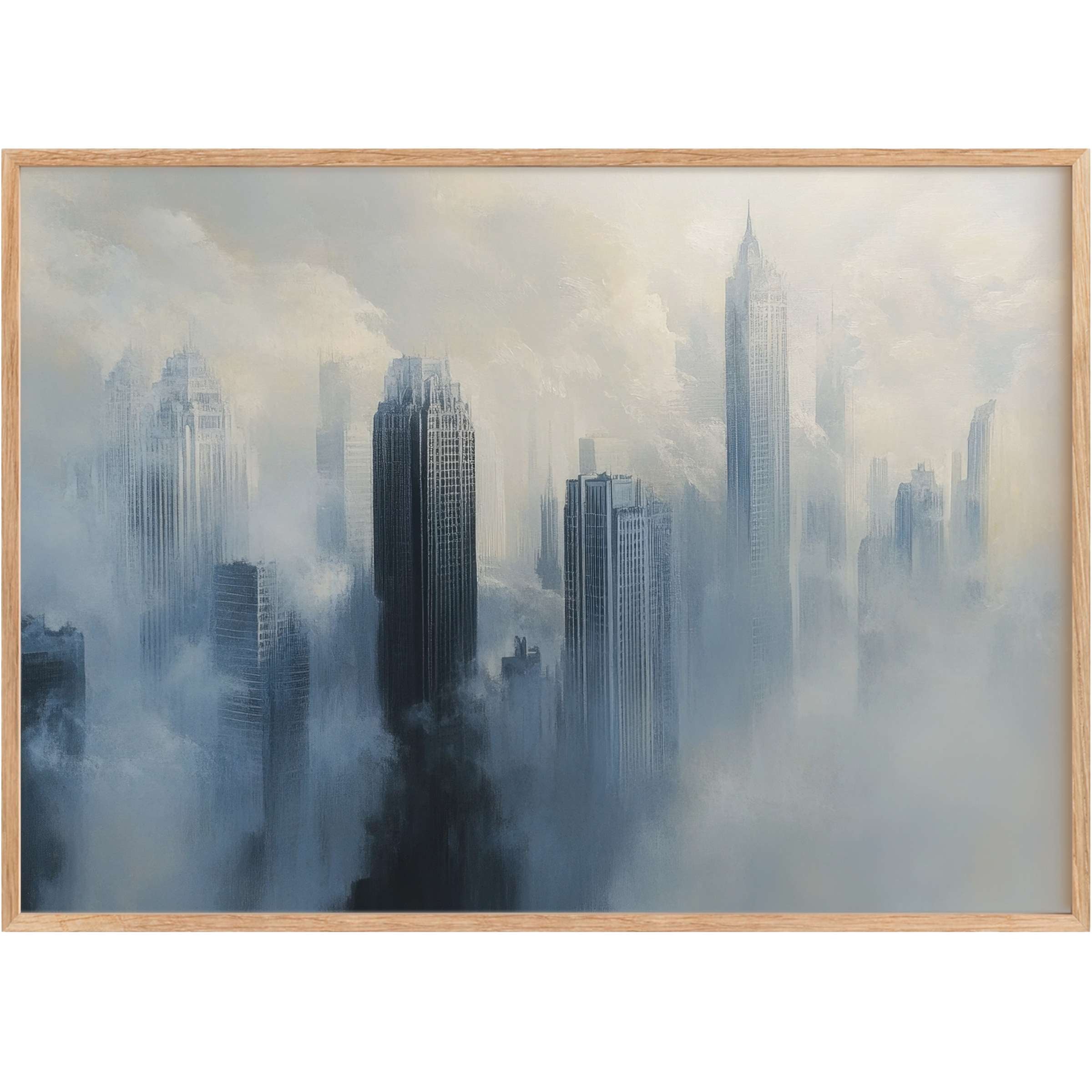 Ethereal urban printable wall art cloaks towering skyscrapers in misty blues and greys, evoking a serene, contemplative cityscape