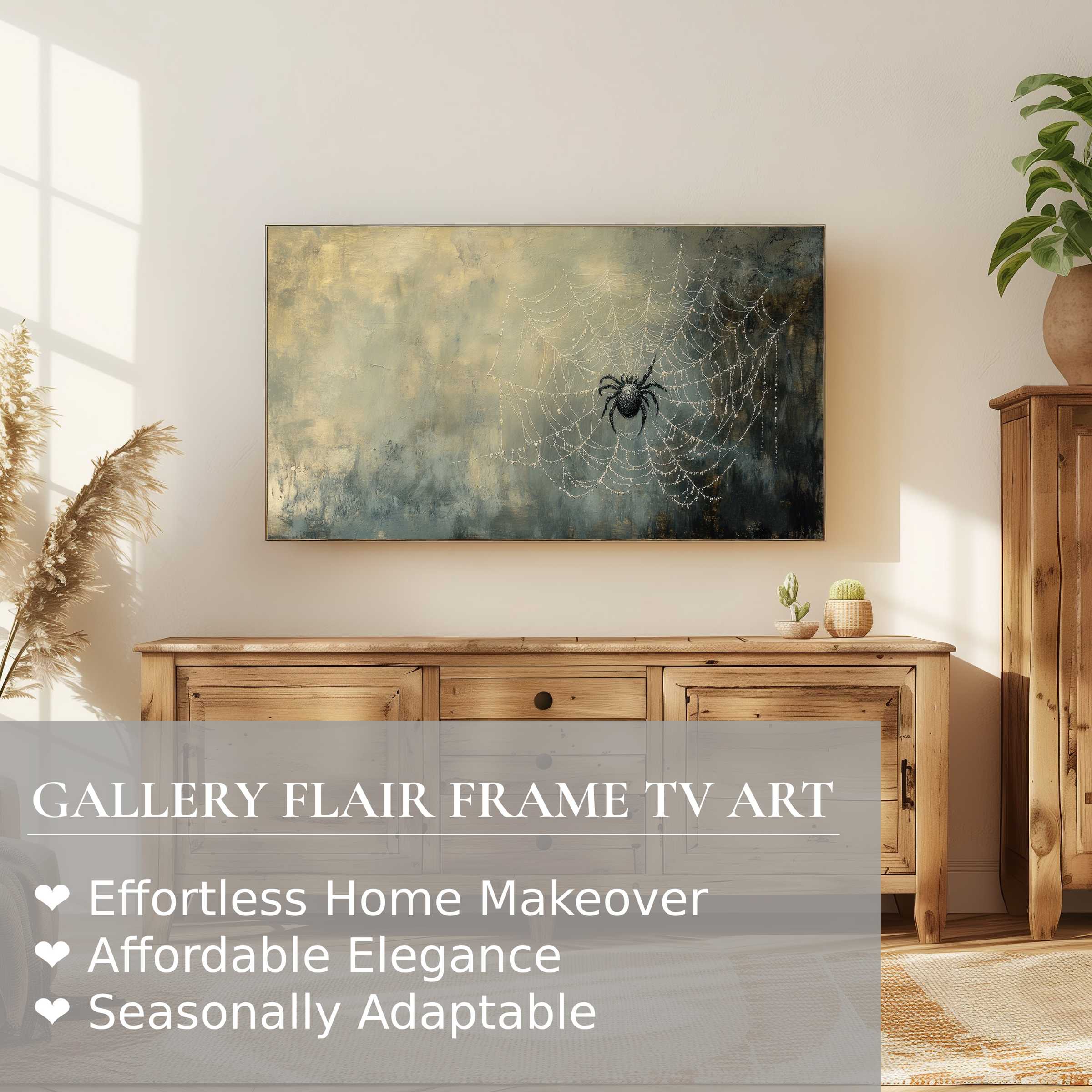 Sophisticated halloween digital artwork with a spider web on Samsung Frame TV in a warm, modern living space