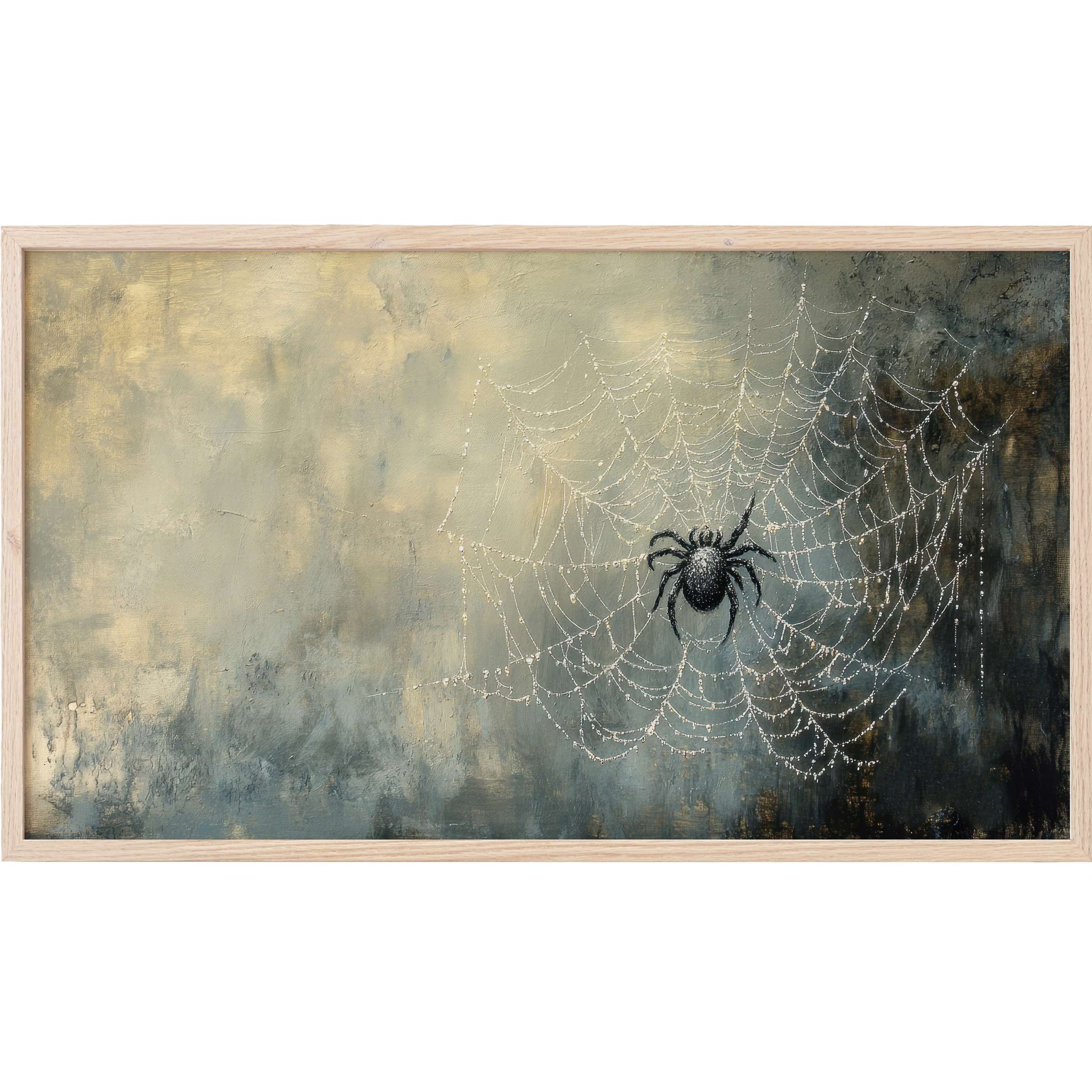 Elegant halloween Frame TV Art featuring a detailed black spider on a shimmering web with muted gold and blue-gray hues
