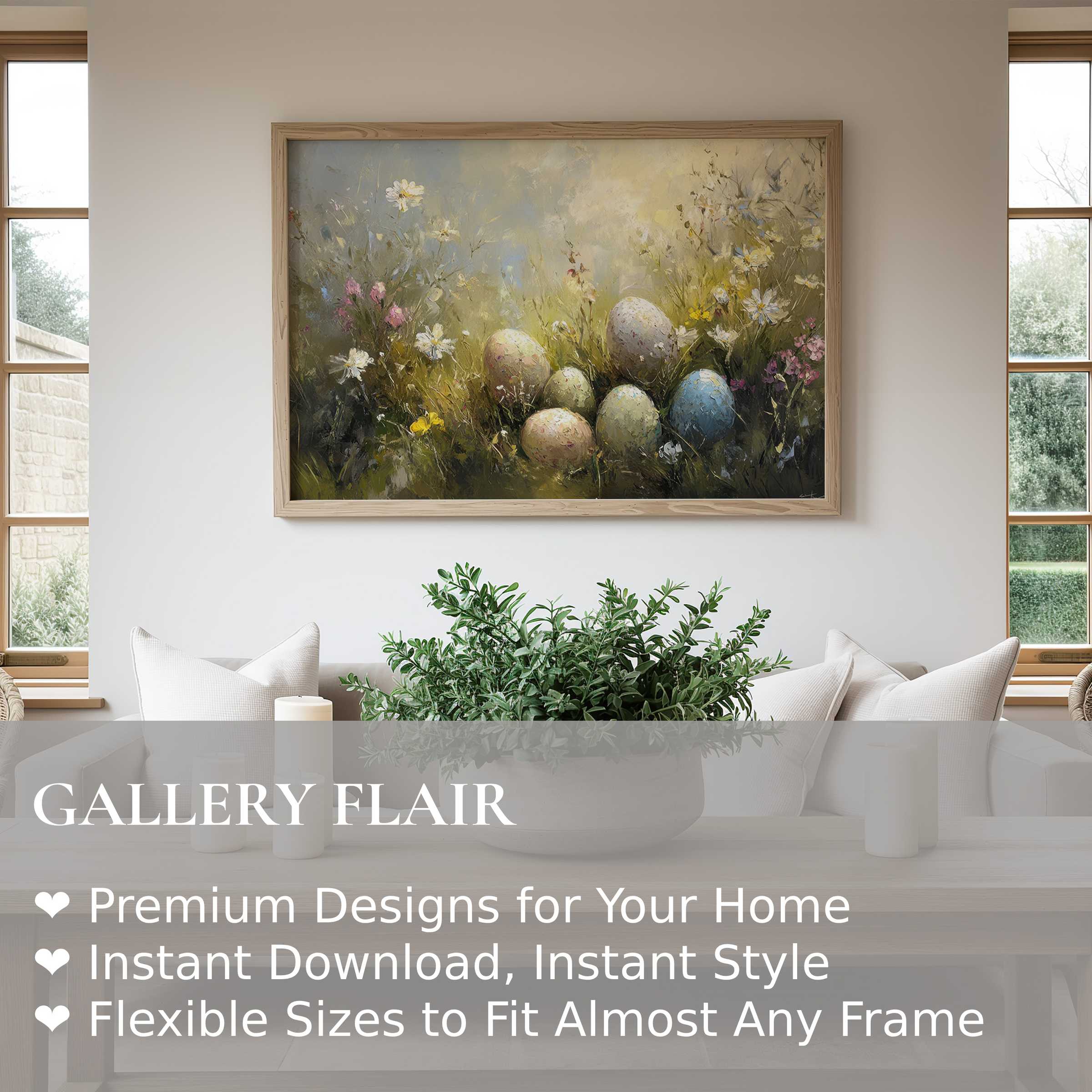 Easter wall art print featuring softly textured pastel eggs nestled in wildflowers, enhancing serene modern farmhouse interiors
