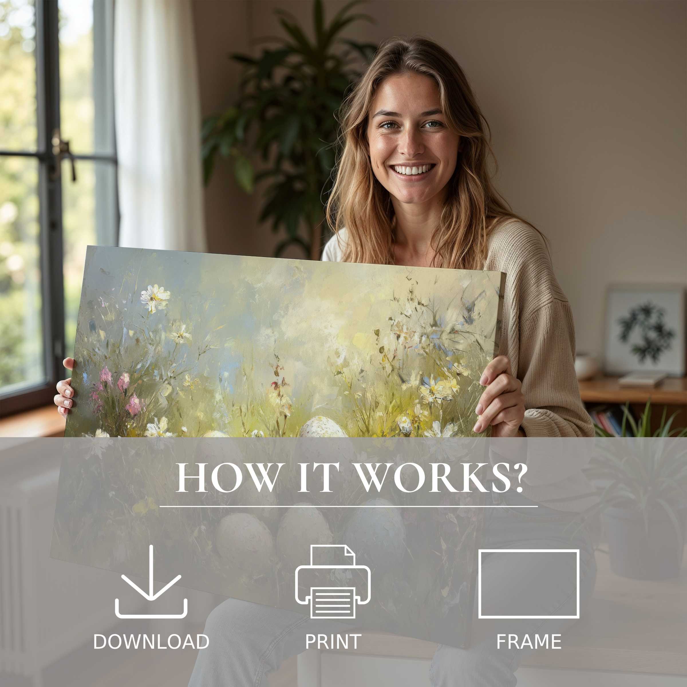 A serene moment of connection and joy in modern living, showcasing an easter digital art print that transforms spaces with effortless elegance